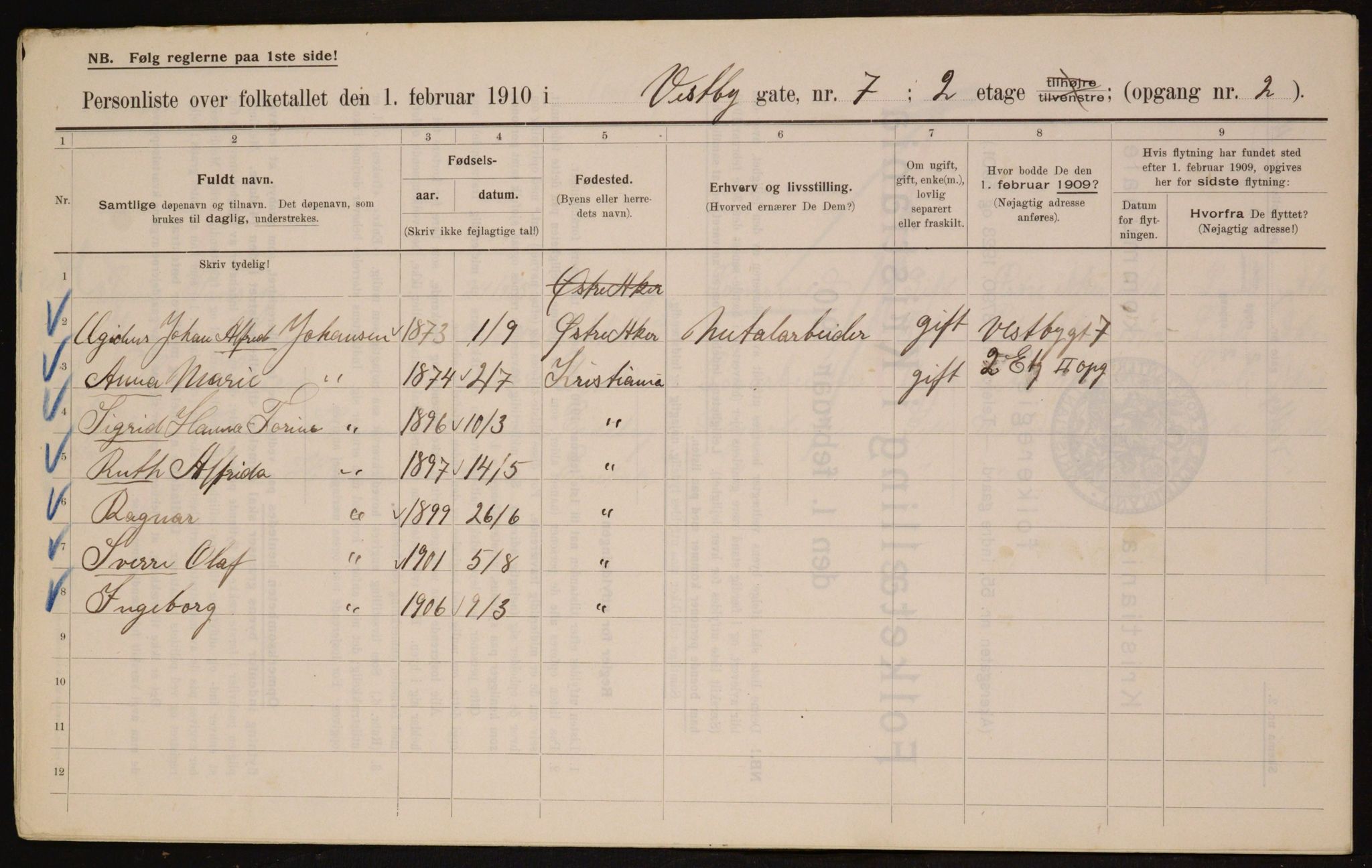 OBA, Municipal Census 1910 for Kristiania, 1910, p. 115952