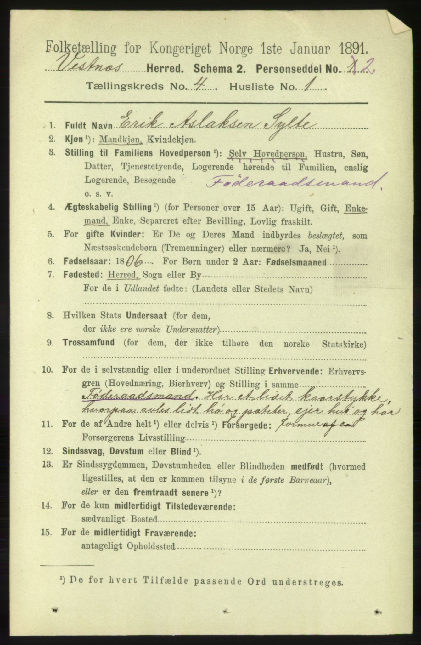 RA, 1891 census for 1535 Vestnes, 1891, p. 1305