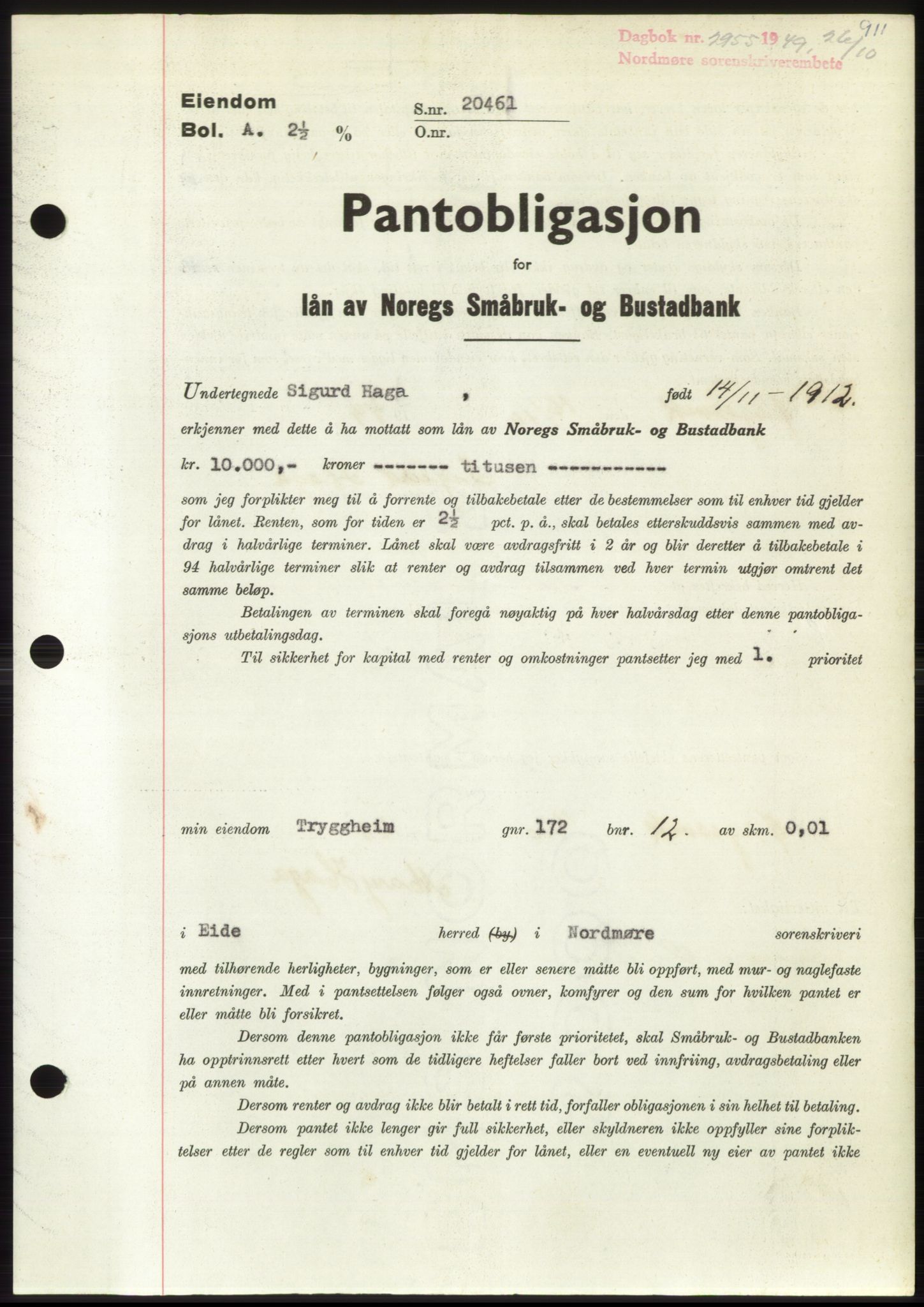 Nordmøre sorenskriveri, AV/SAT-A-4132/1/2/2Ca: Mortgage book no. B102, 1949-1949, Diary no: : 2955/1949