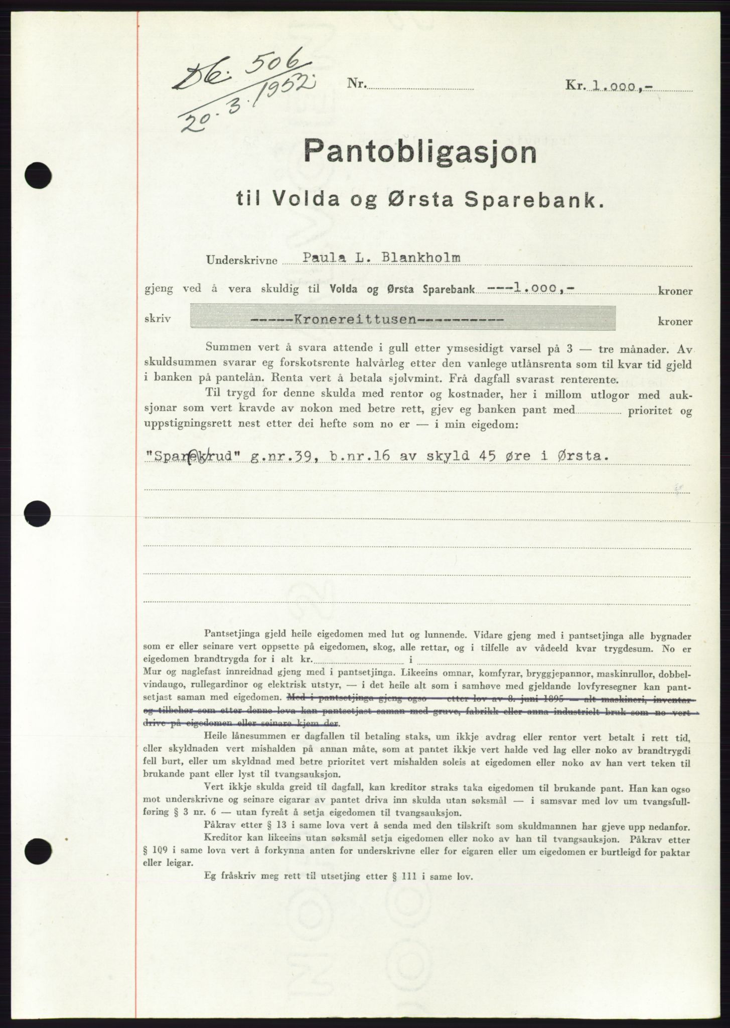 Søre Sunnmøre sorenskriveri, AV/SAT-A-4122/1/2/2C/L0121: Mortgage book no. 9B, 1951-1952, Diary no: : 506/1952