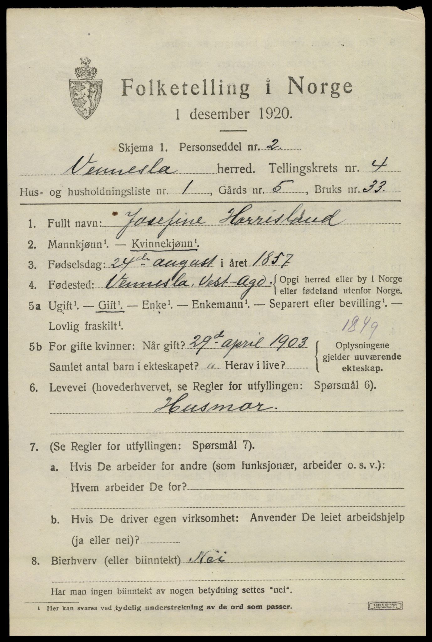 SAK, 1920 census for Vennesla, 1920, p. 2658