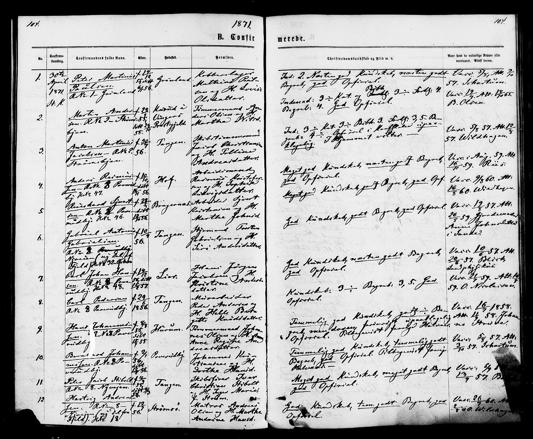 Strømsø kirkebøker, AV/SAKO-A-246/F/Fa/L0020: Parish register (official) no. I 20, 1870-1878, p. 104