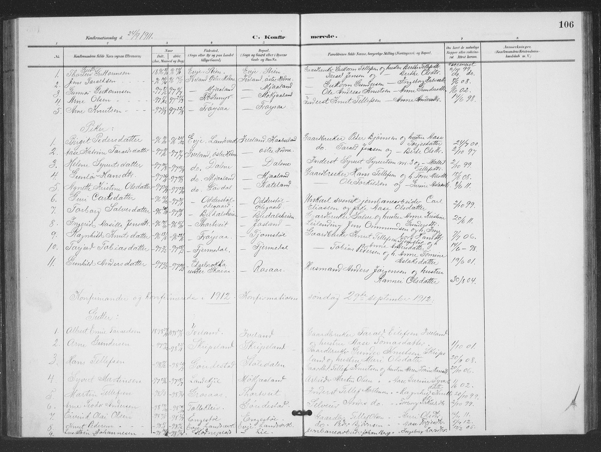 Evje sokneprestkontor, SAK/1111-0008/F/Fb/Fbc/L0005: Parish register (copy) no. B 5, 1901-1935, p. 106