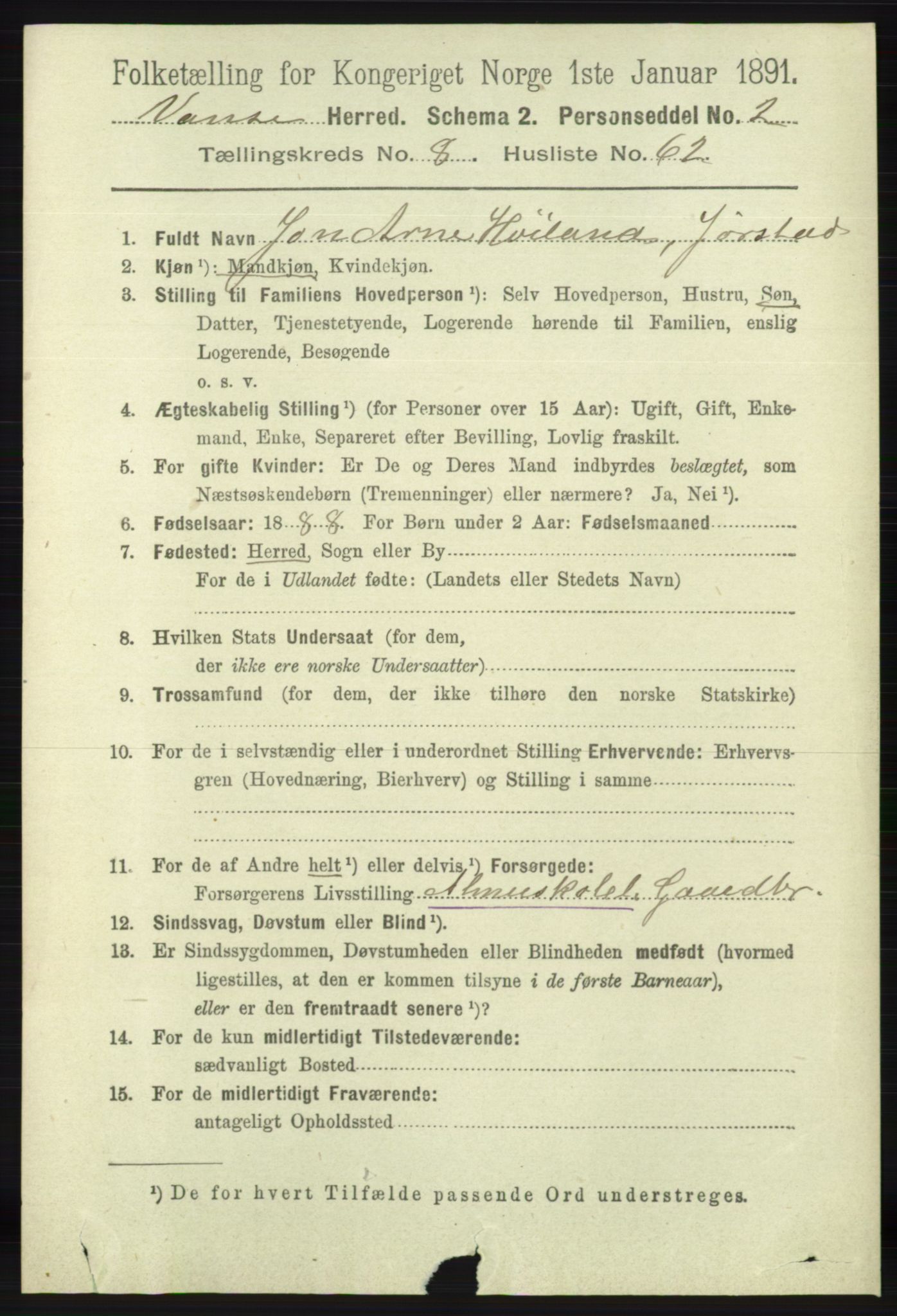 RA, 1891 census for 1041 Vanse, 1891, p. 5210