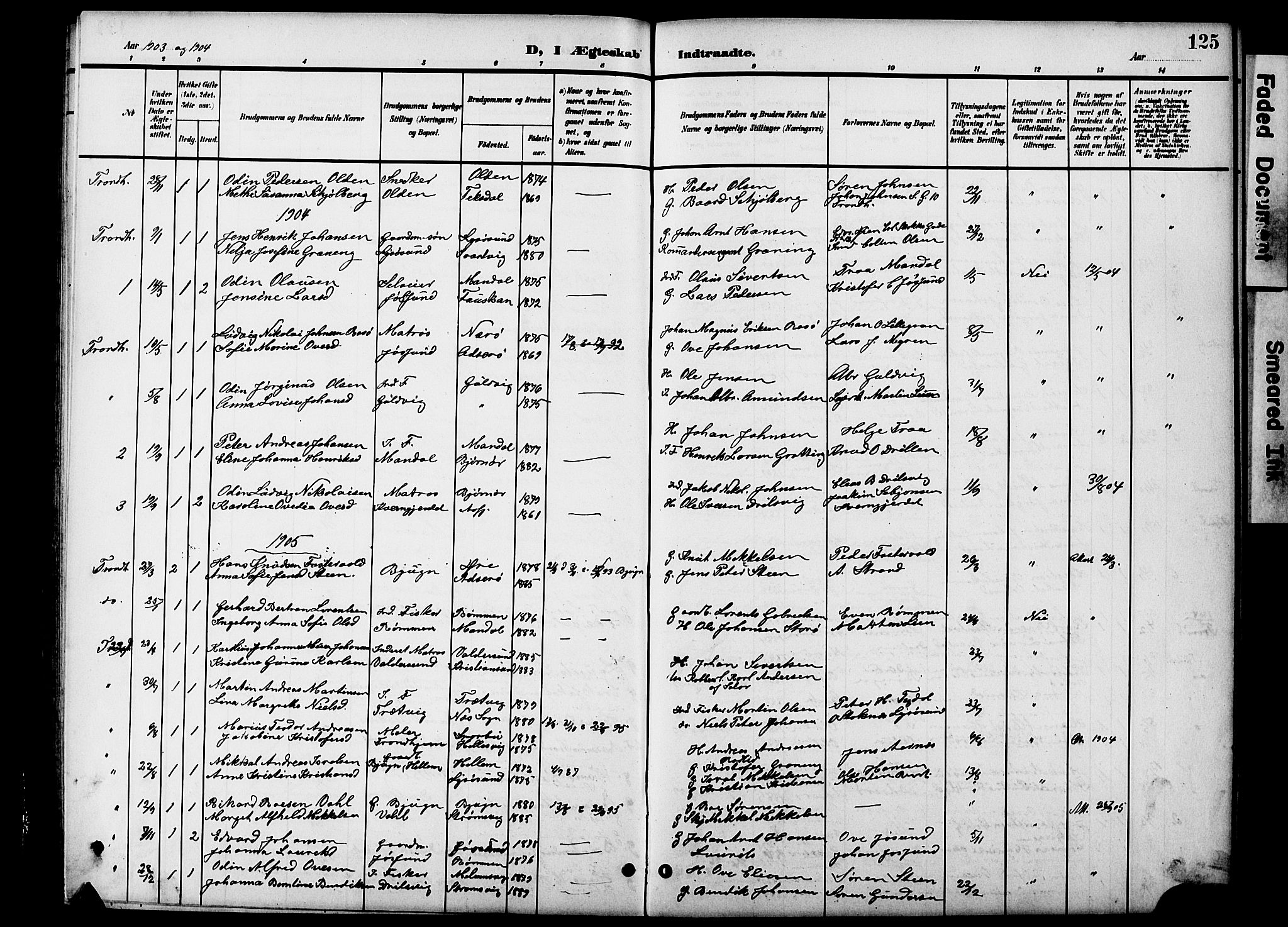 Ministerialprotokoller, klokkerbøker og fødselsregistre - Sør-Trøndelag, SAT/A-1456/654/L0666: Parish register (copy) no. 654C02, 1901-1925, p. 125