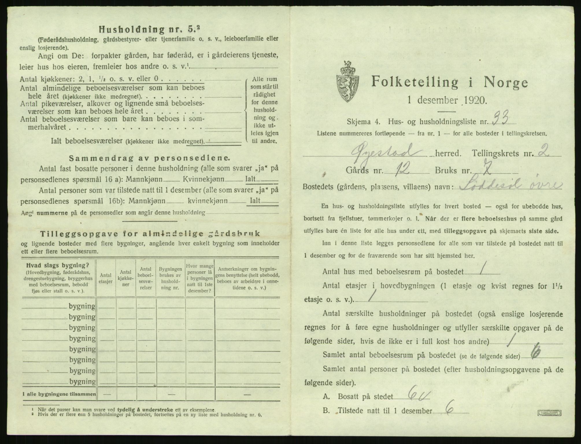 SAK, 1920 census for Øyestad, 1920, p. 200