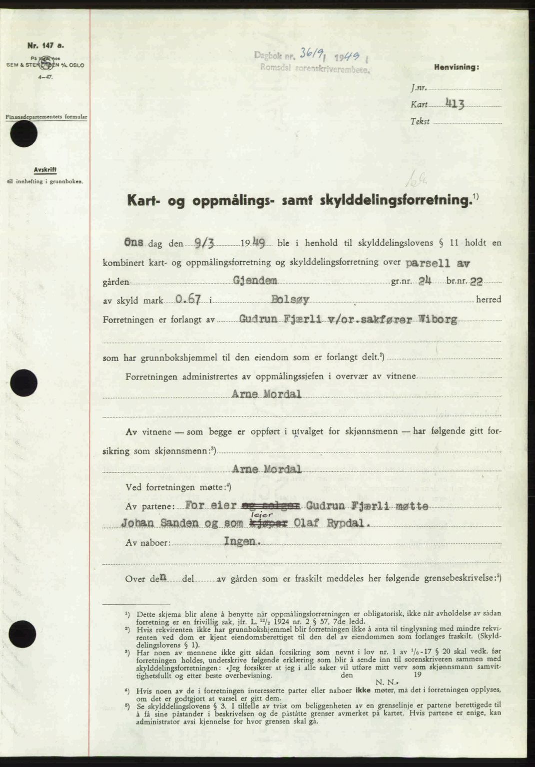 Romsdal sorenskriveri, AV/SAT-A-4149/1/2/2C: Mortgage book no. A31, 1949-1949, Diary no: : 3619/1949