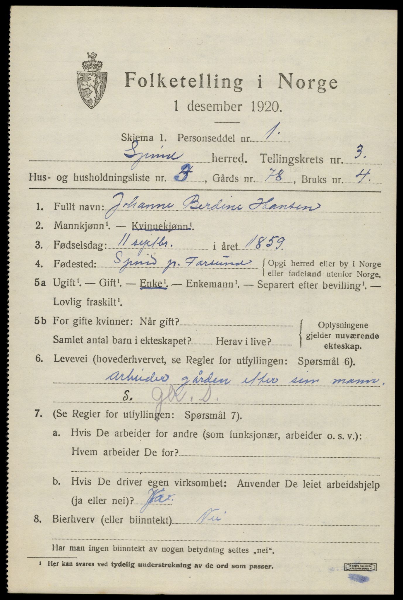 SAK, 1920 census for Spind, 1920, p. 1659