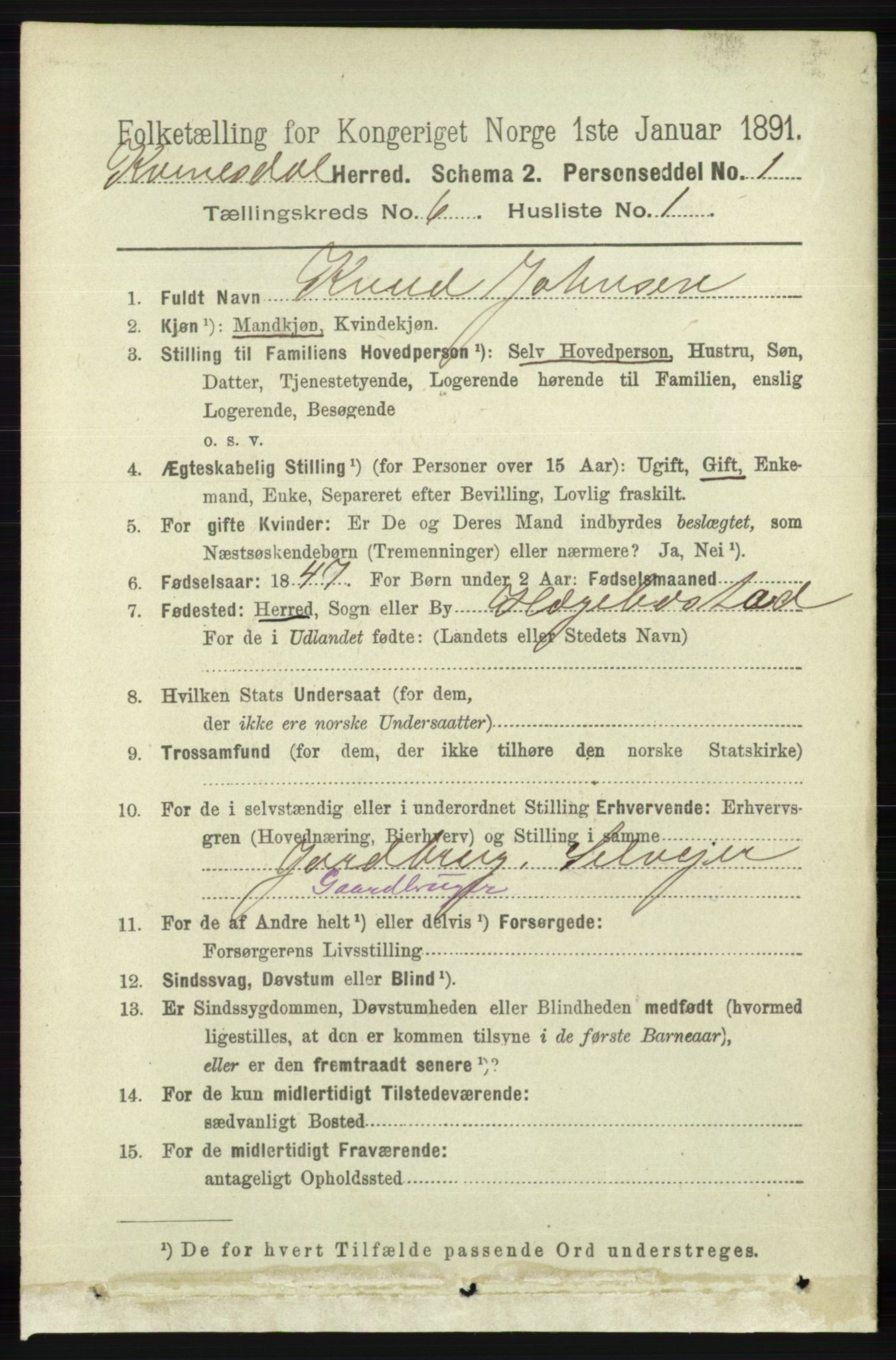 RA, 1891 census for 1037 Kvinesdal, 1891, p. 2103