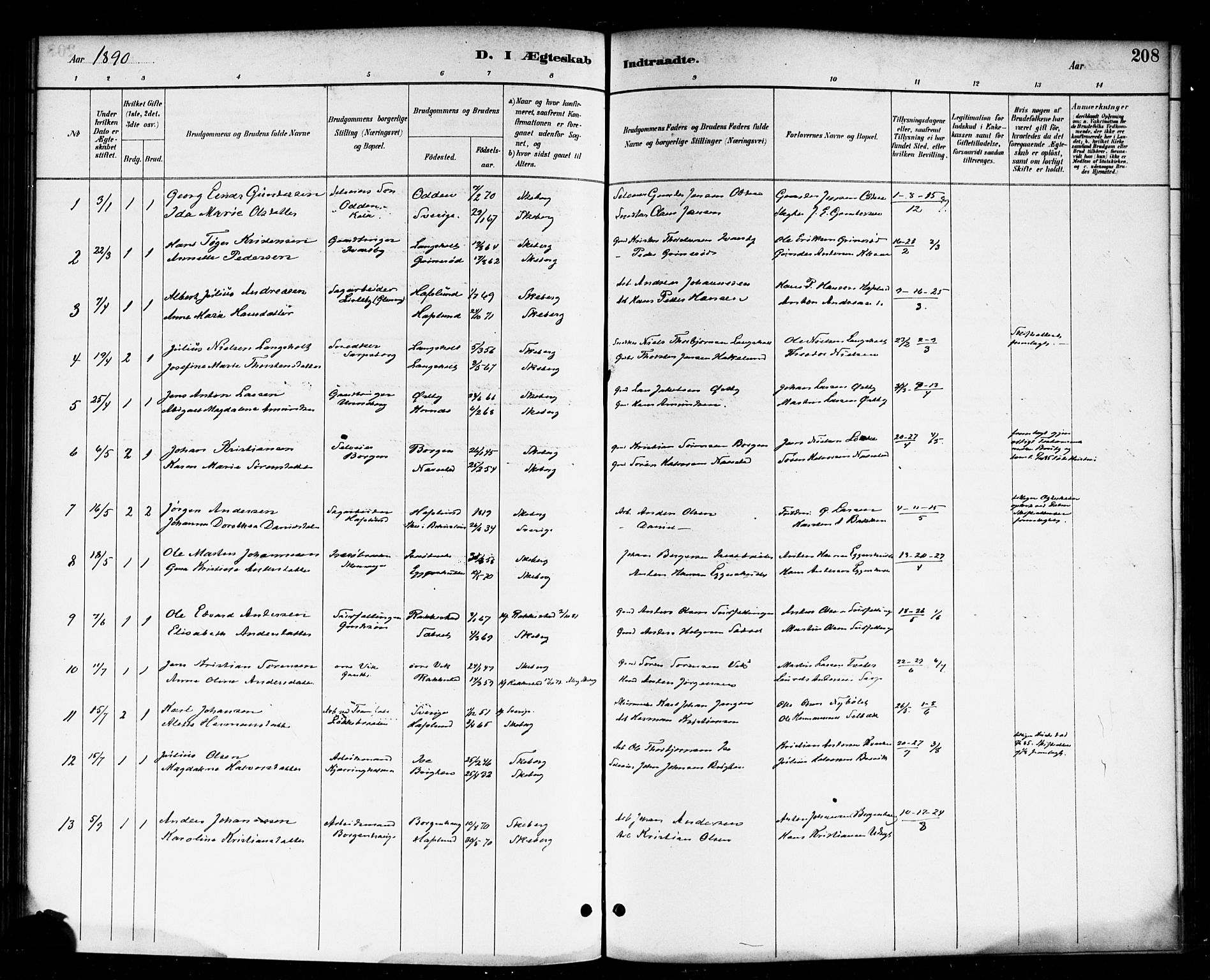 Skjeberg prestekontor Kirkebøker, AV/SAO-A-10923/F/Fa/L0009: Parish register (official) no. I 9, 1886-1897, p. 208