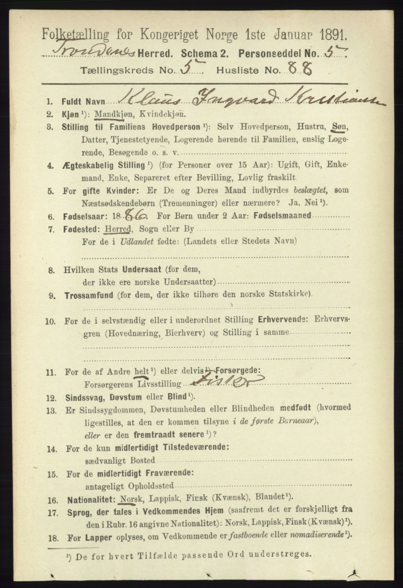 RA, 1891 census for 1914 Trondenes, 1891, p. 3486