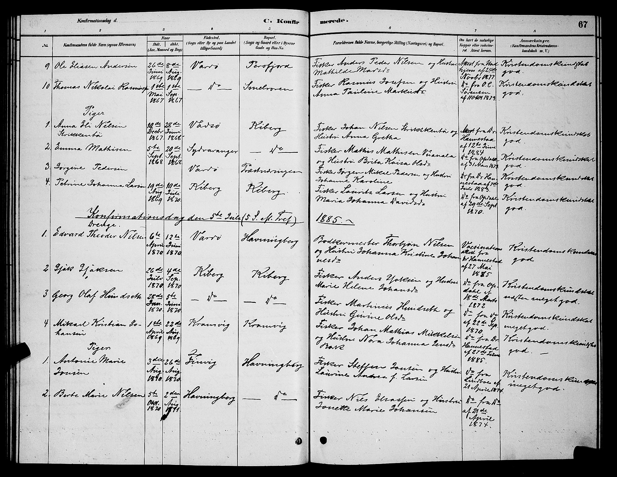 Vardø sokneprestkontor, SATØ/S-1332/H/Hb/L0006klokker: Parish register (copy) no. 6, 1879-1887, p. 67