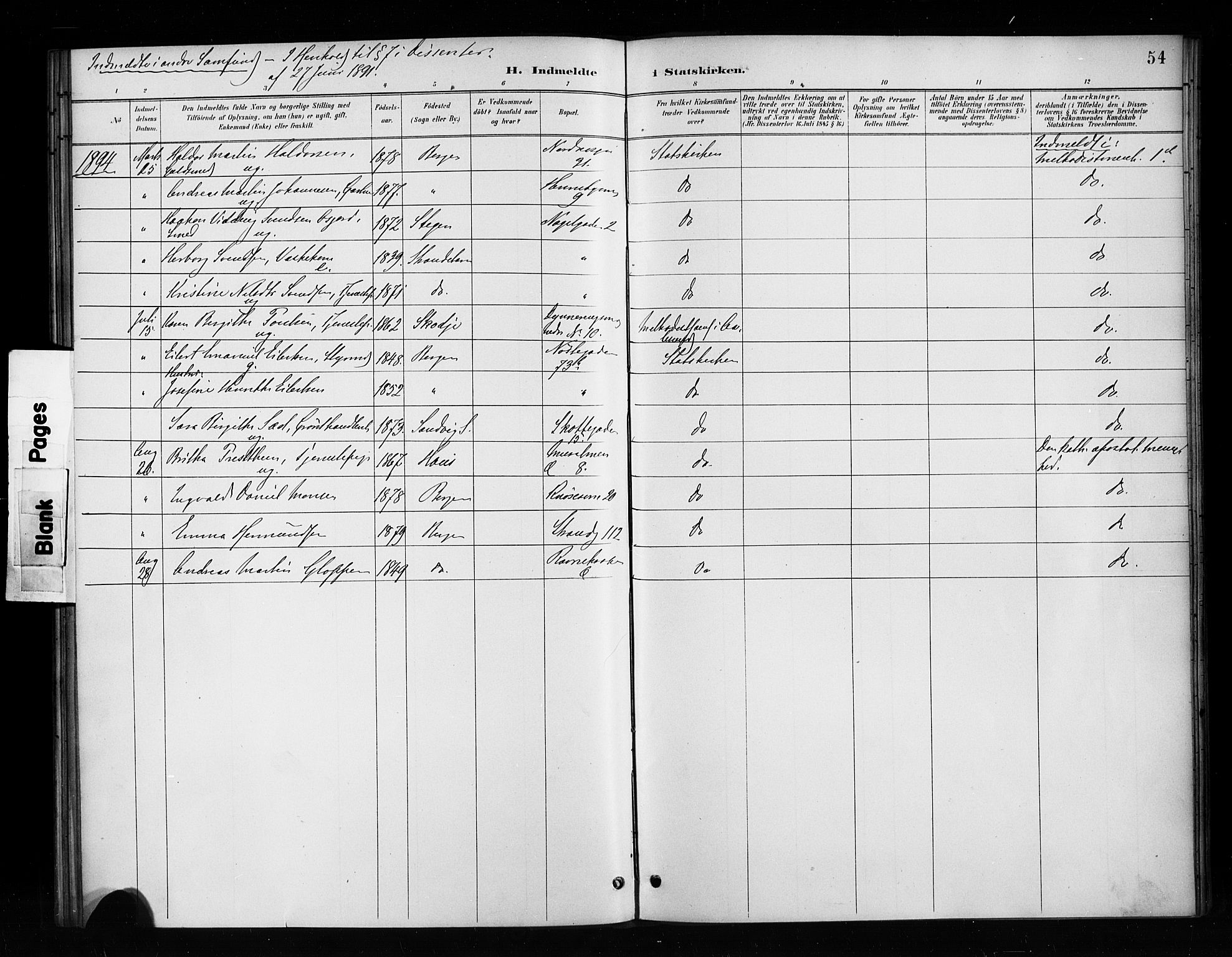 Nykirken Sokneprestembete, SAB/A-77101/H/Haa/L0053: Parish register (official) no. H 2, 1887-1897, p. 54