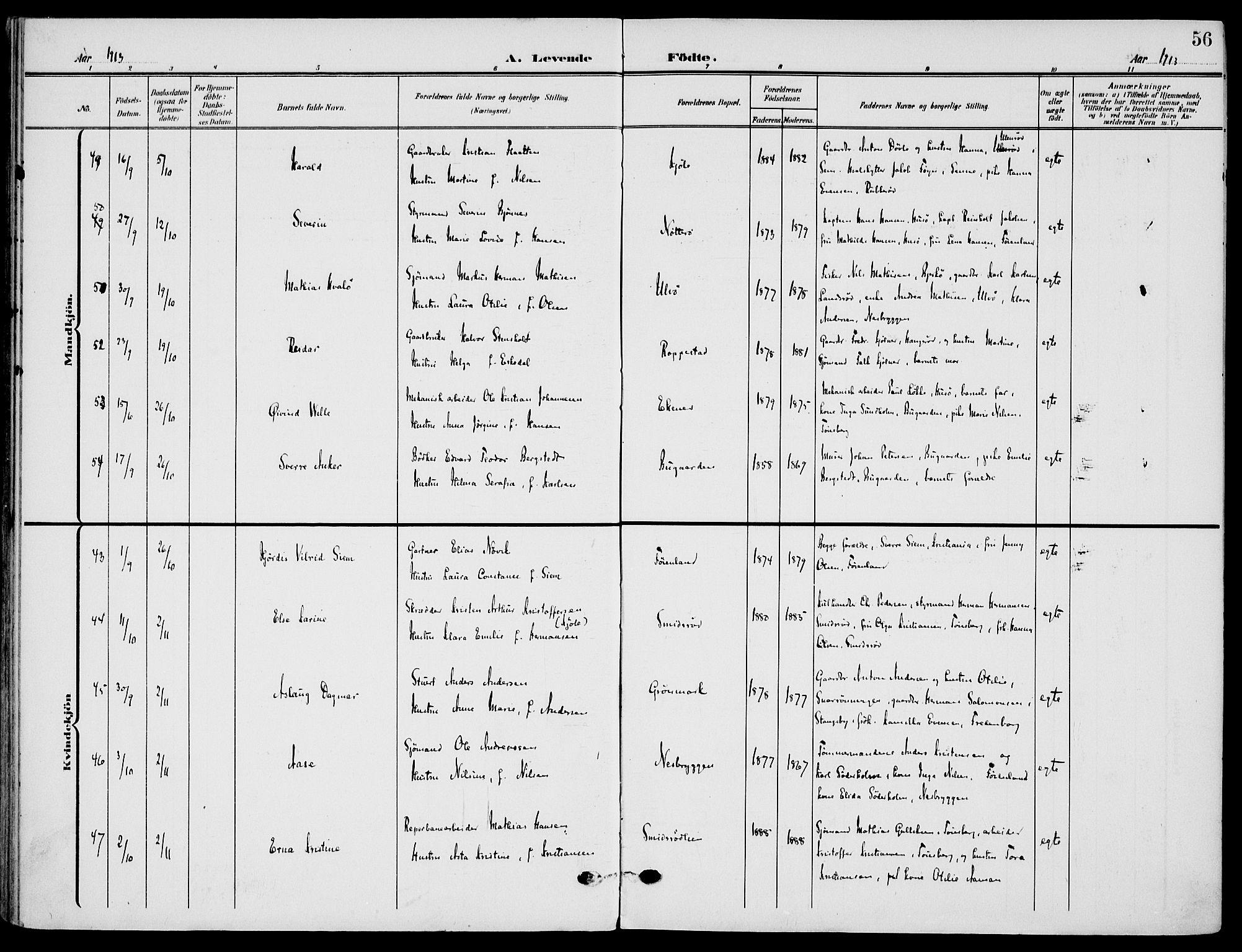 Nøtterøy kirkebøker, AV/SAKO-A-354/F/Fa/L0010: Parish register (official) no. I 10, 1908-1919, p. 56