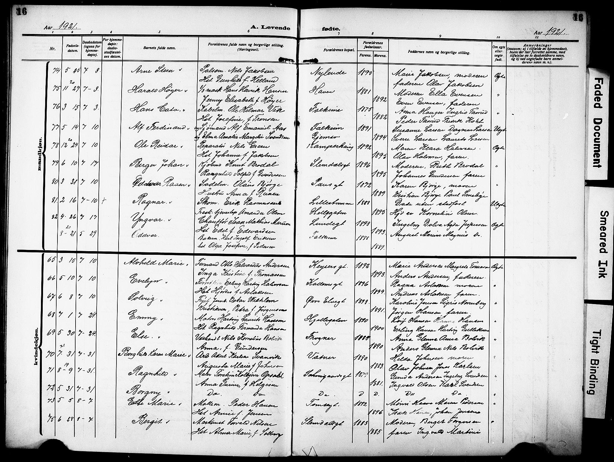 Skien kirkebøker, AV/SAKO-A-302/G/Ga/L0010: Parish register (copy) no. 10, 1920-1931, p. 16