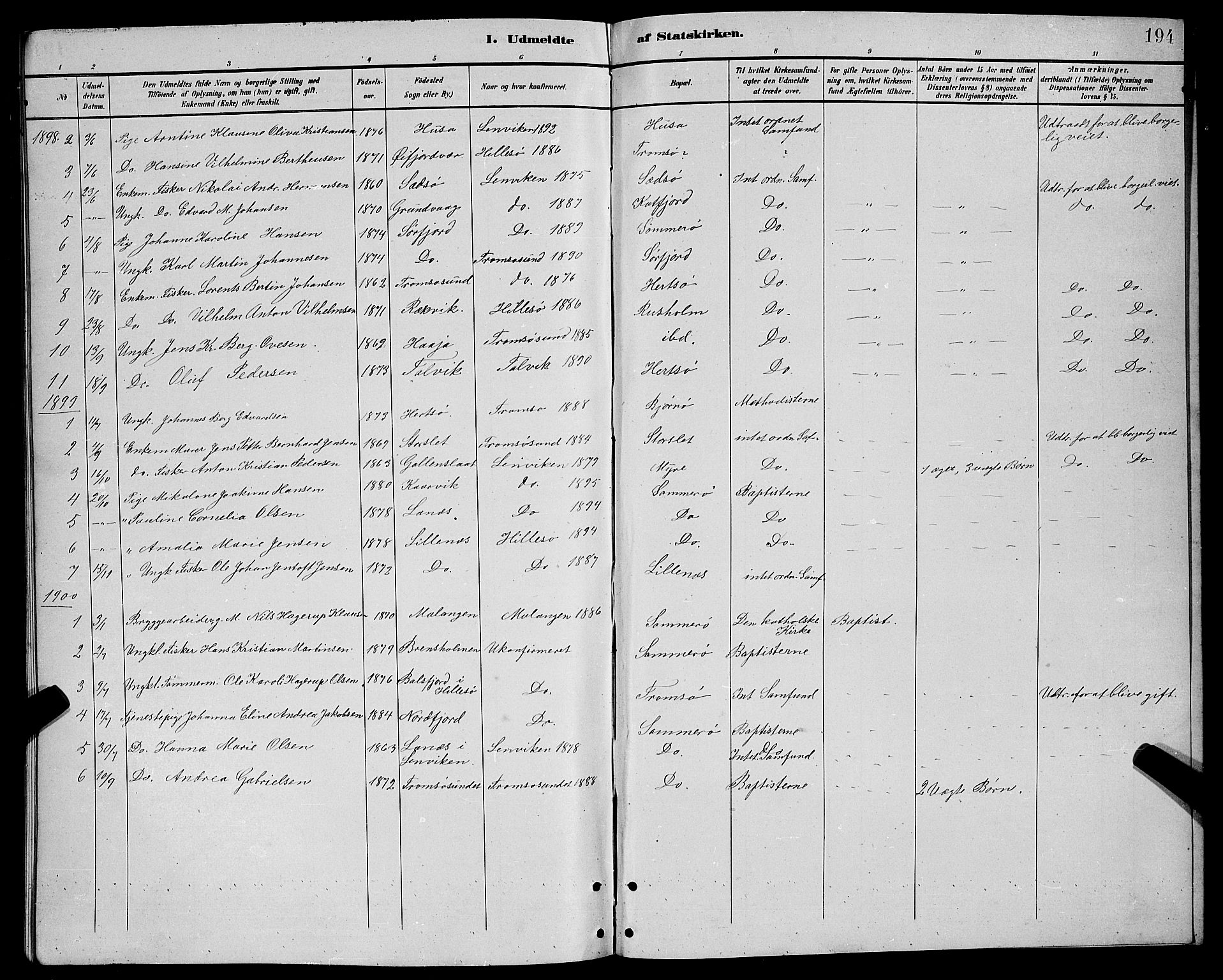 Lenvik sokneprestembete, SATØ/S-1310/H/Ha/Hab/L0021klokker: Parish register (copy) no. 21, 1884-1900, p. 194