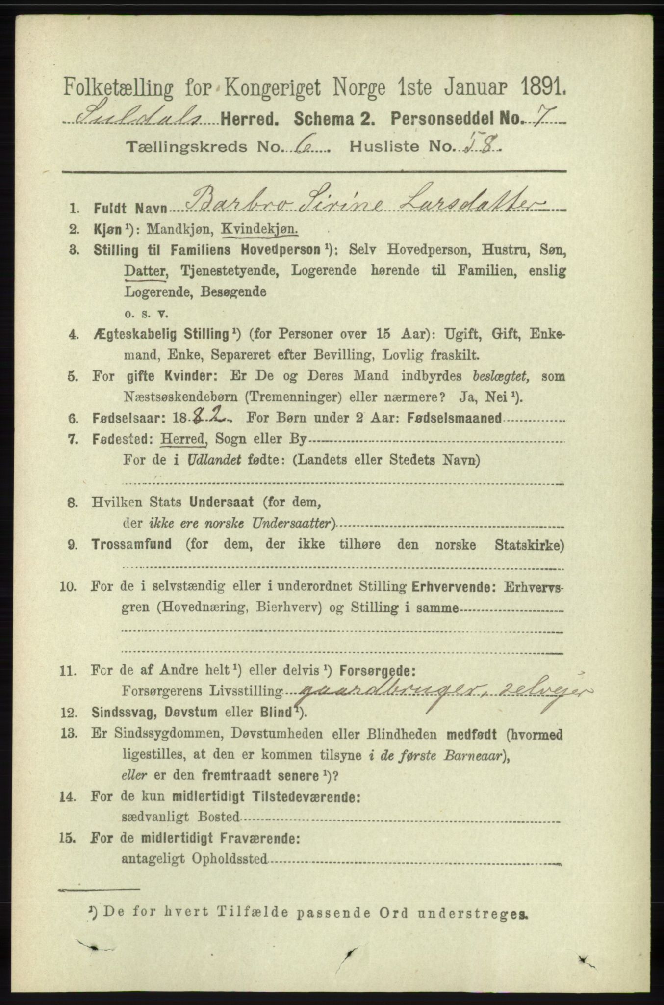 RA, 1891 census for 1134 Suldal, 1891, p. 1925