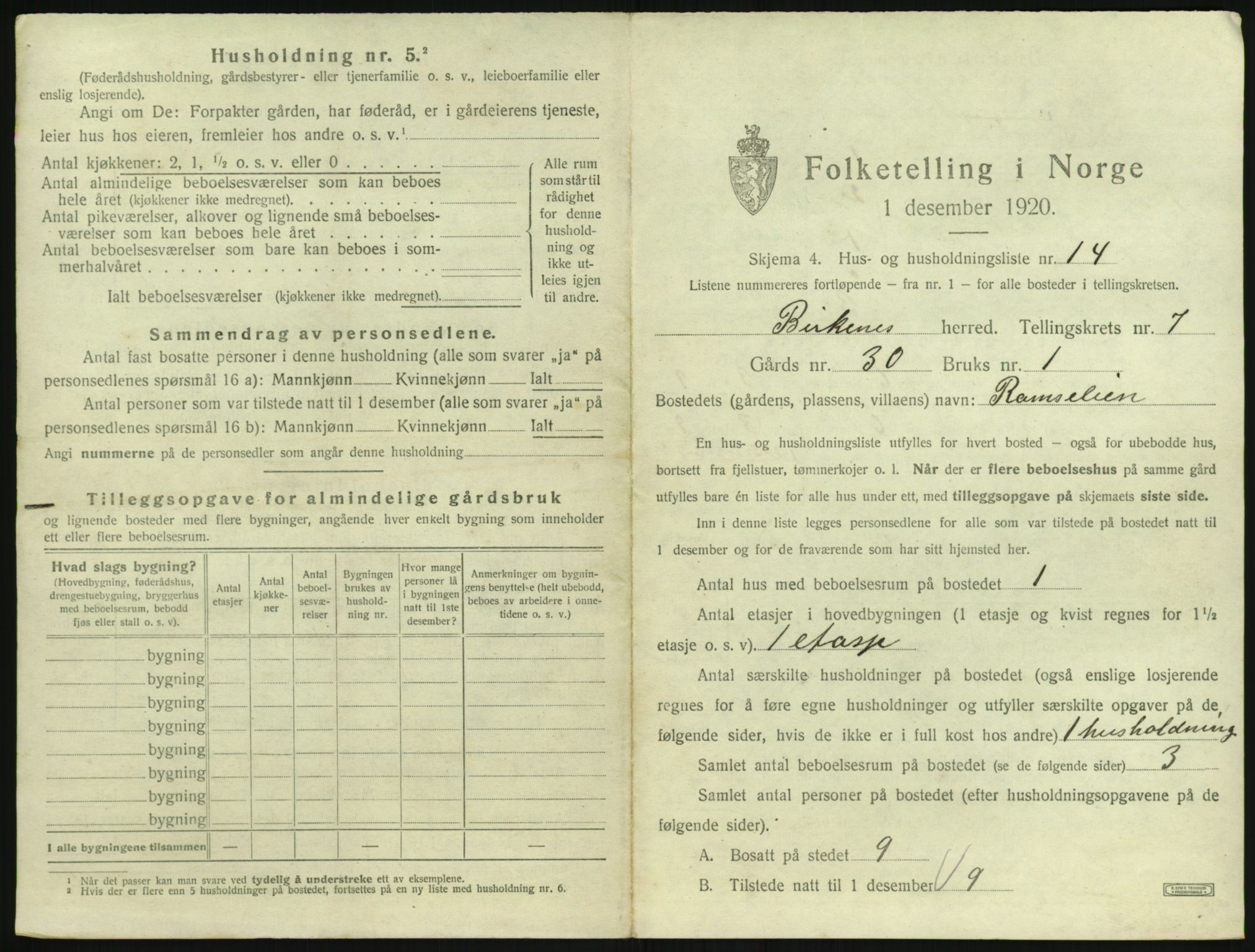 SAK, 1920 census for Birkenes, 1920, p. 653