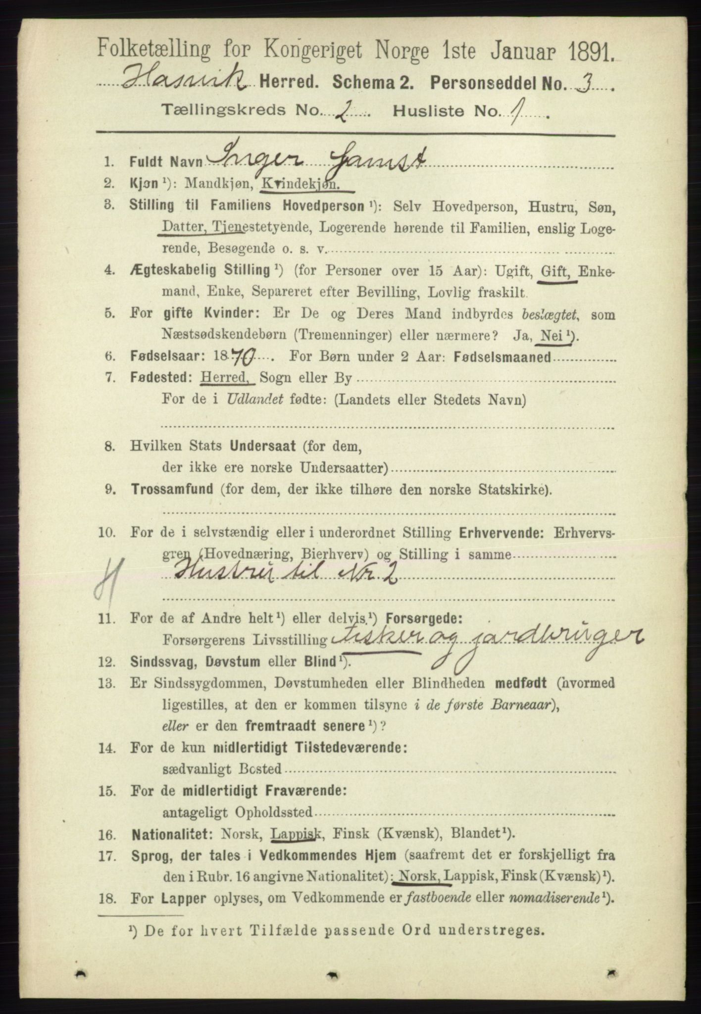 RA, 1891 census for 2015 Hasvik, 1891, p. 281