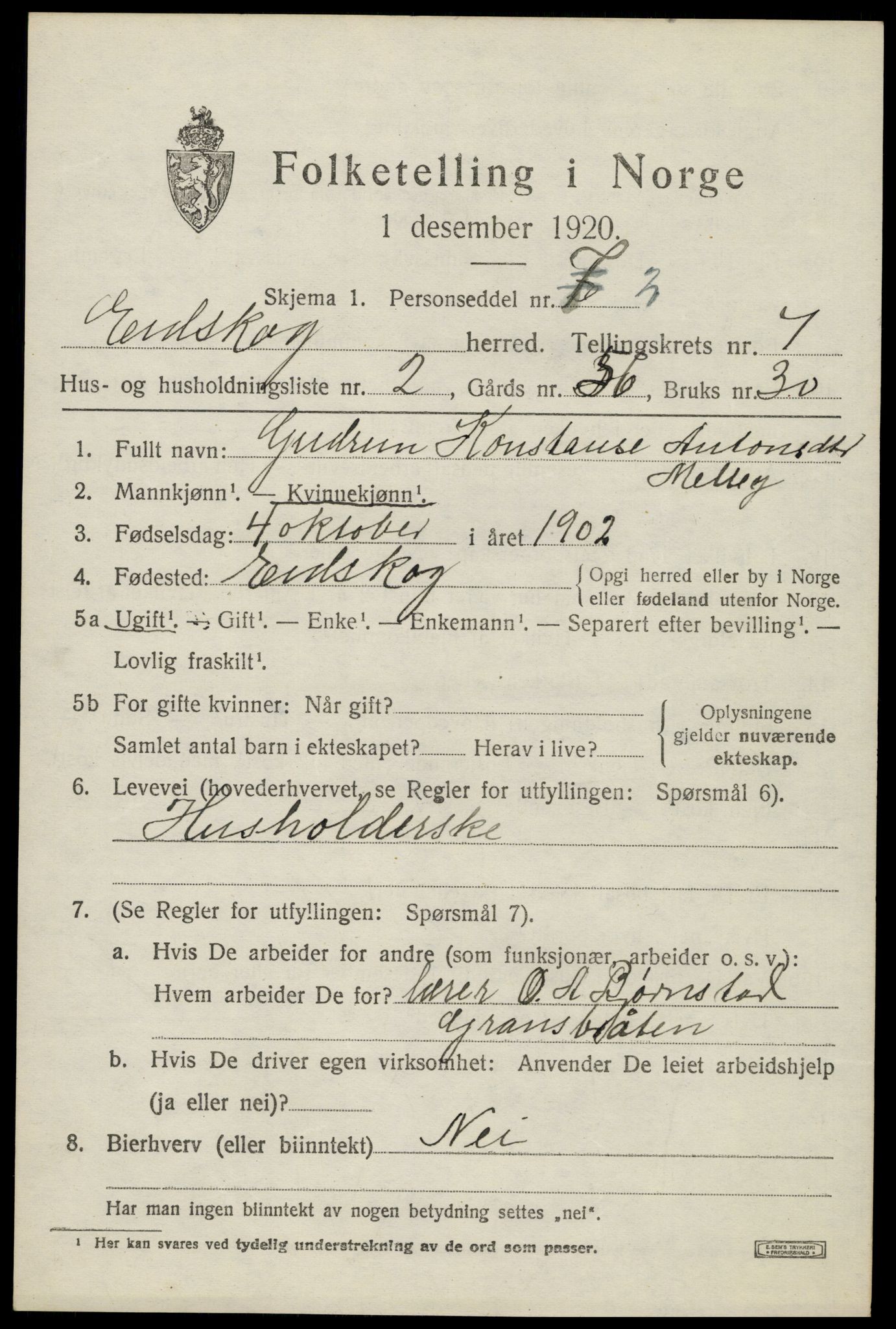 SAH, 1920 census for Eidskog, 1920, p. 8455