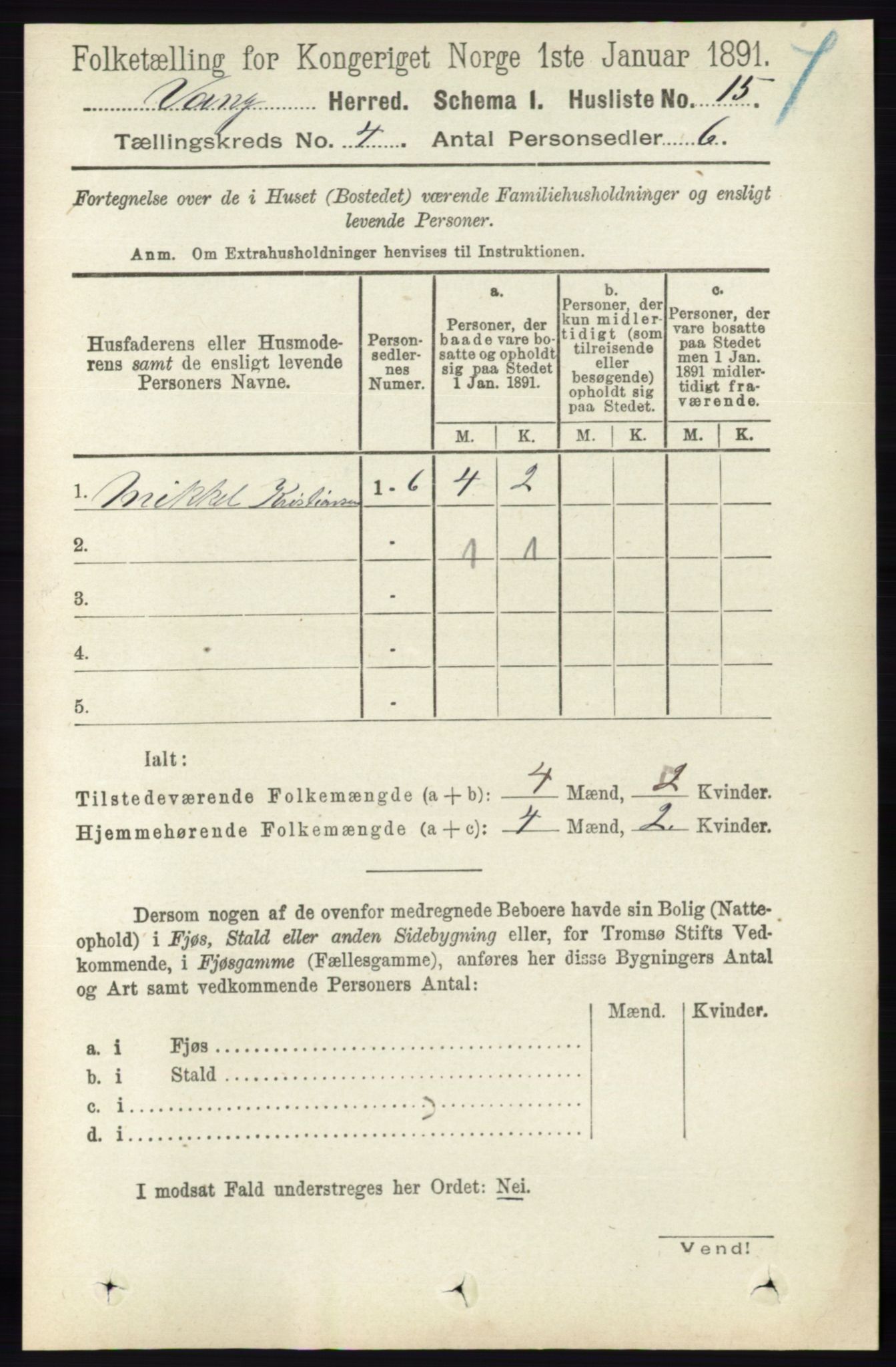 RA, 1891 census for 0414 Vang, 1891, p. 2644