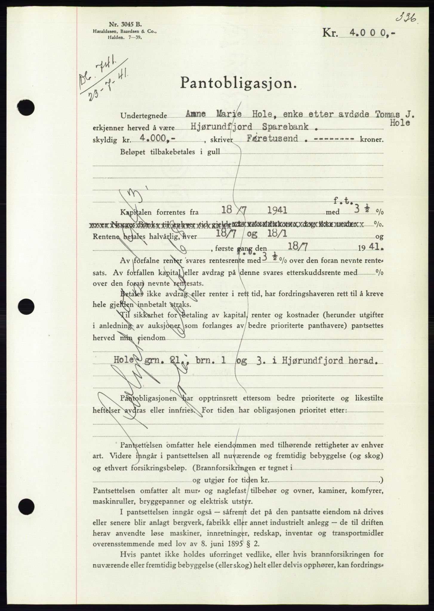 Søre Sunnmøre sorenskriveri, AV/SAT-A-4122/1/2/2C/L0071: Mortgage book no. 65, 1941-1941, Diary no: : 741/1941