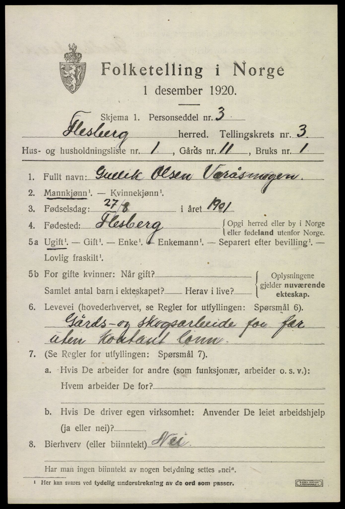 SAKO, 1920 census for Flesberg, 1920, p. 1671