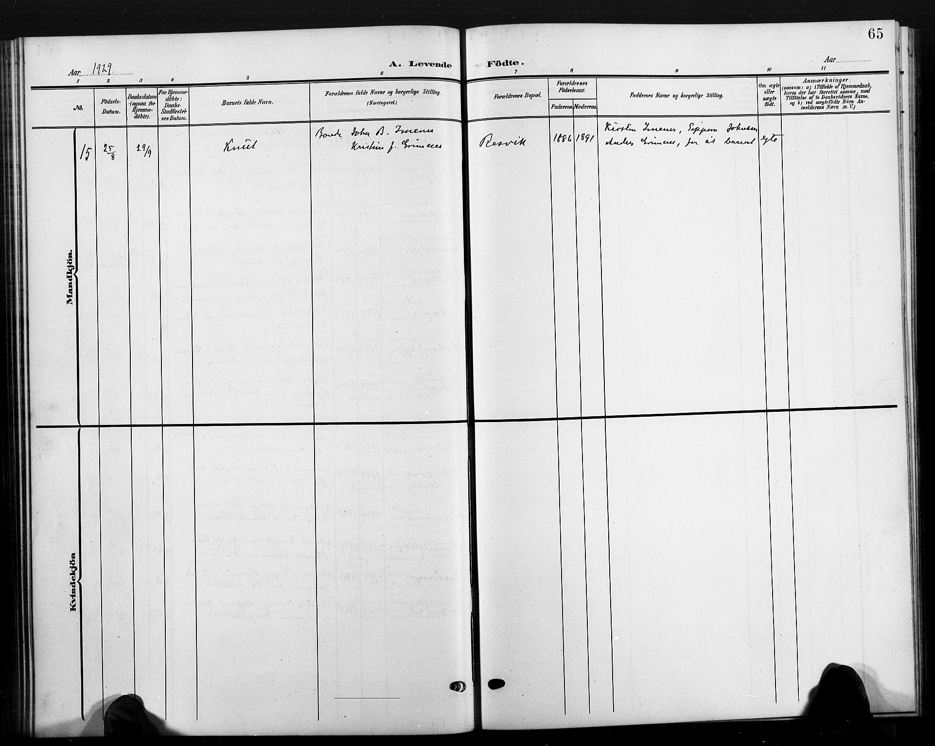 Hommedal sokneprestkontor, AV/SAK-1111-0023/F/Fb/Fbb/L0008: Parish register (copy) no. B 8, 1905-1929, p. 65