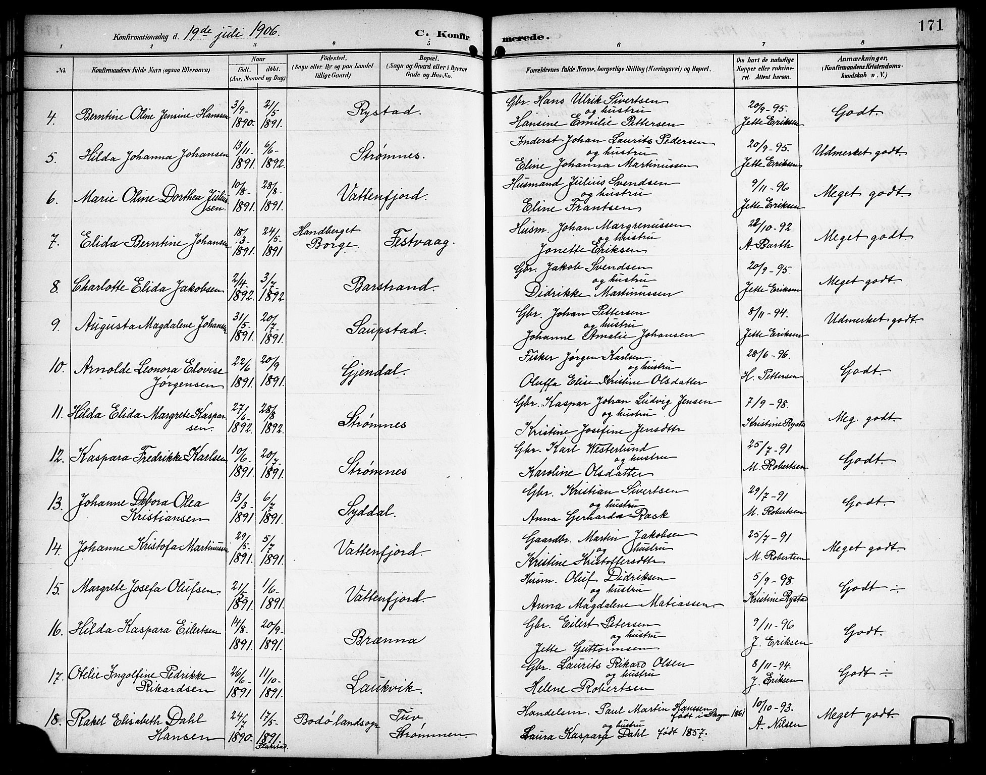 Ministerialprotokoller, klokkerbøker og fødselsregistre - Nordland, AV/SAT-A-1459/876/L1105: Parish register (copy) no. 876C04, 1896-1914, p. 171