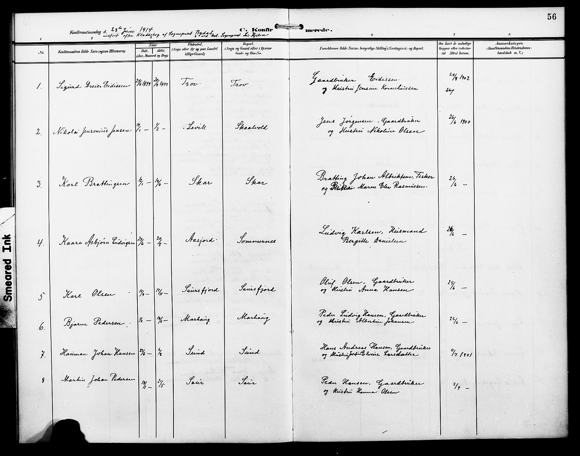 Ministerialprotokoller, klokkerbøker og fødselsregistre - Nordland, AV/SAT-A-1459/857/L0829: Parish register (copy) no. 857C04, 1906-1916, p. 56