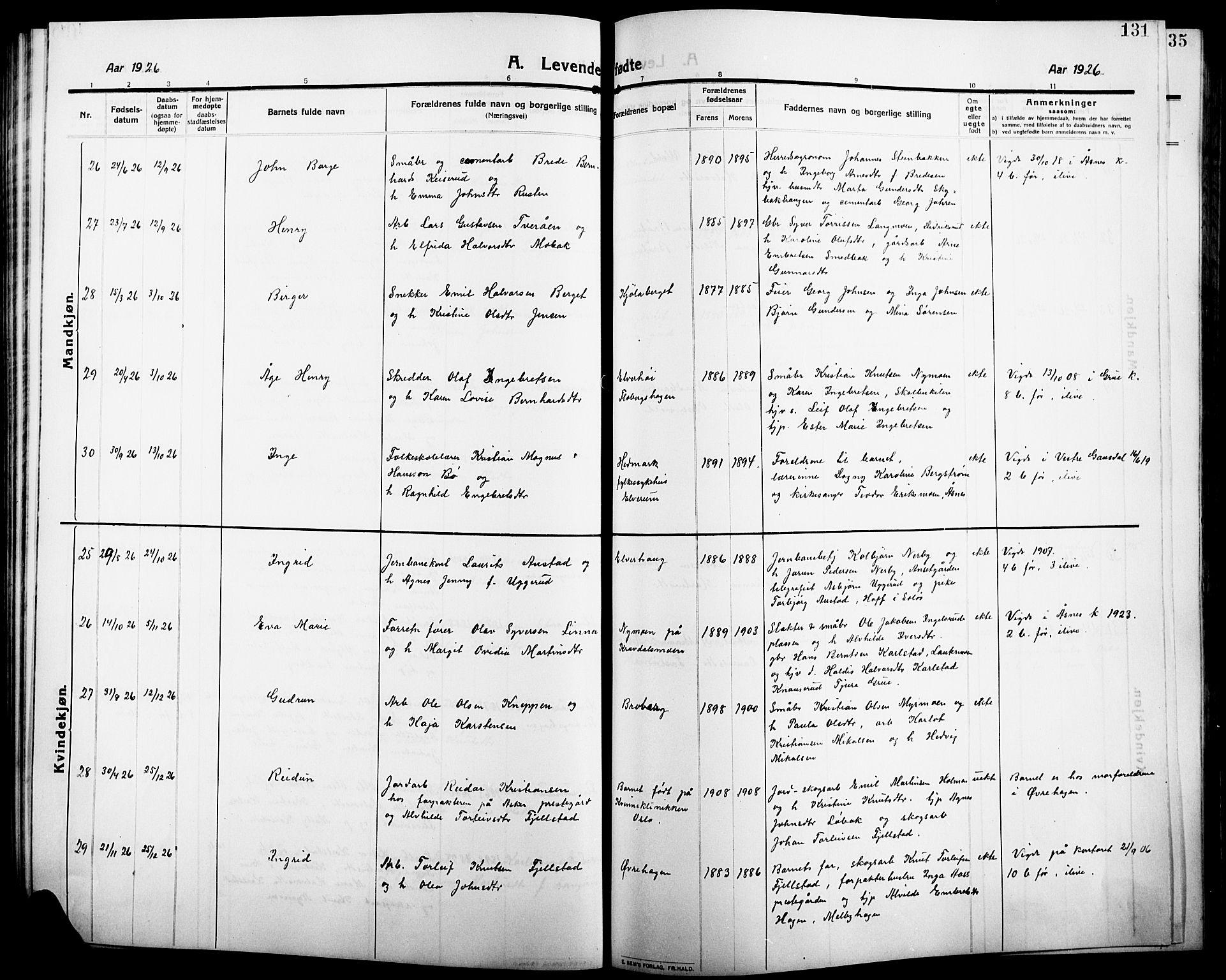 Åsnes prestekontor, AV/SAH-PREST-042/H/Ha/Hab/L0007: Parish register (copy) no. 7, 1909-1926, p. 131