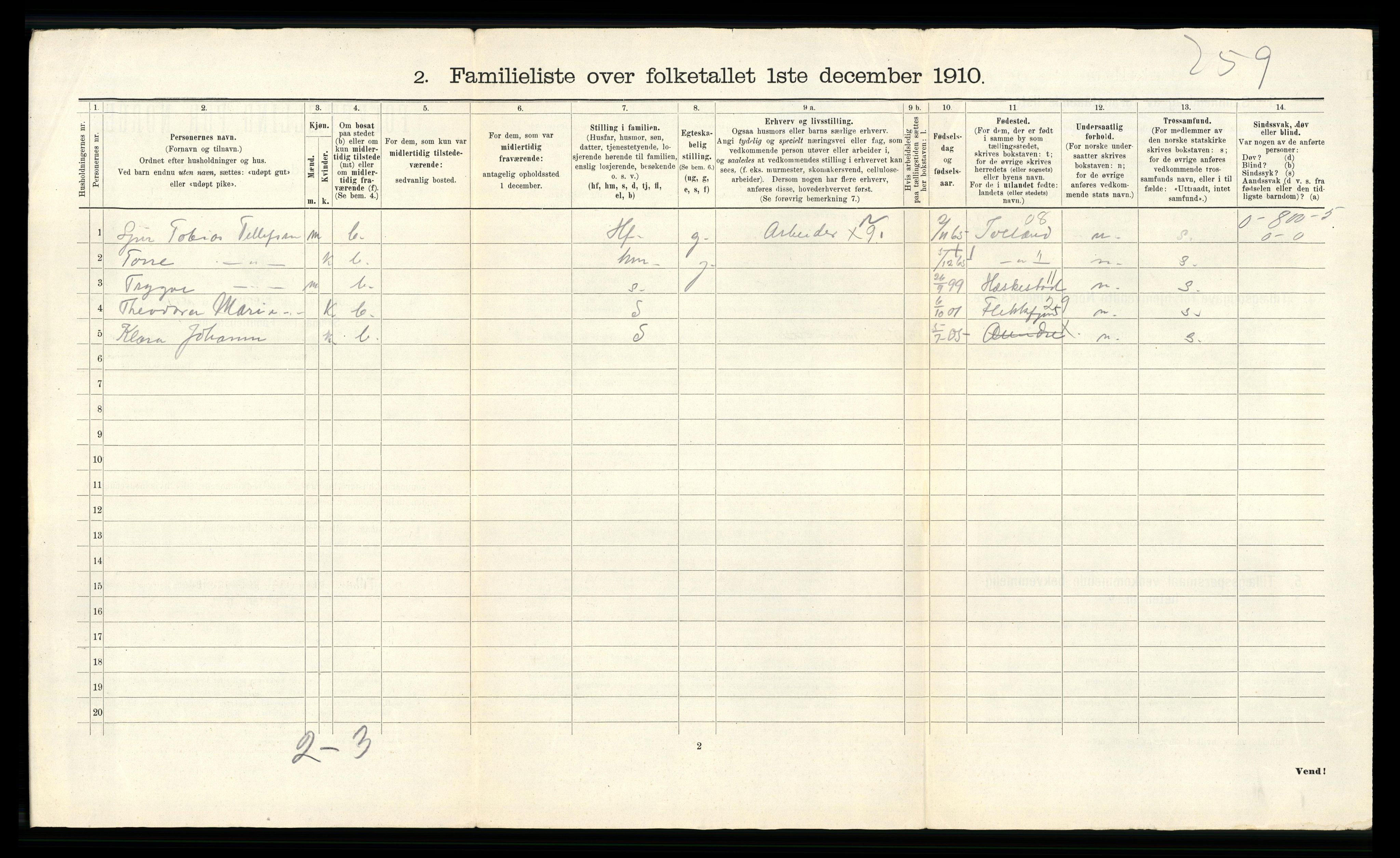 RA, 1910 census for Arendal, 1910, p. 1834
