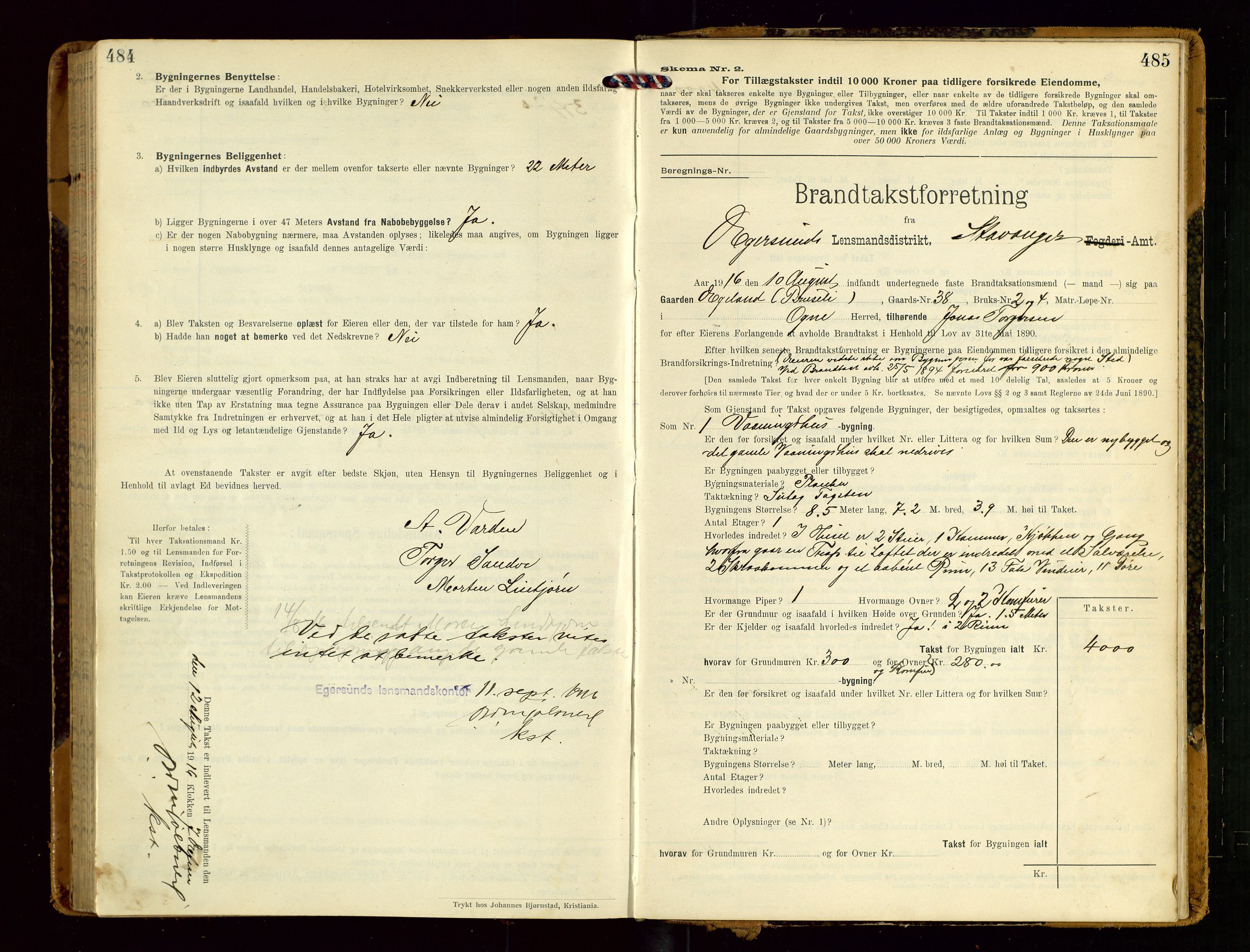 Eigersund lensmannskontor, AV/SAST-A-100171/Gob/L0002: "Brandtakstprotokol", 1910-1916, p. 484-485
