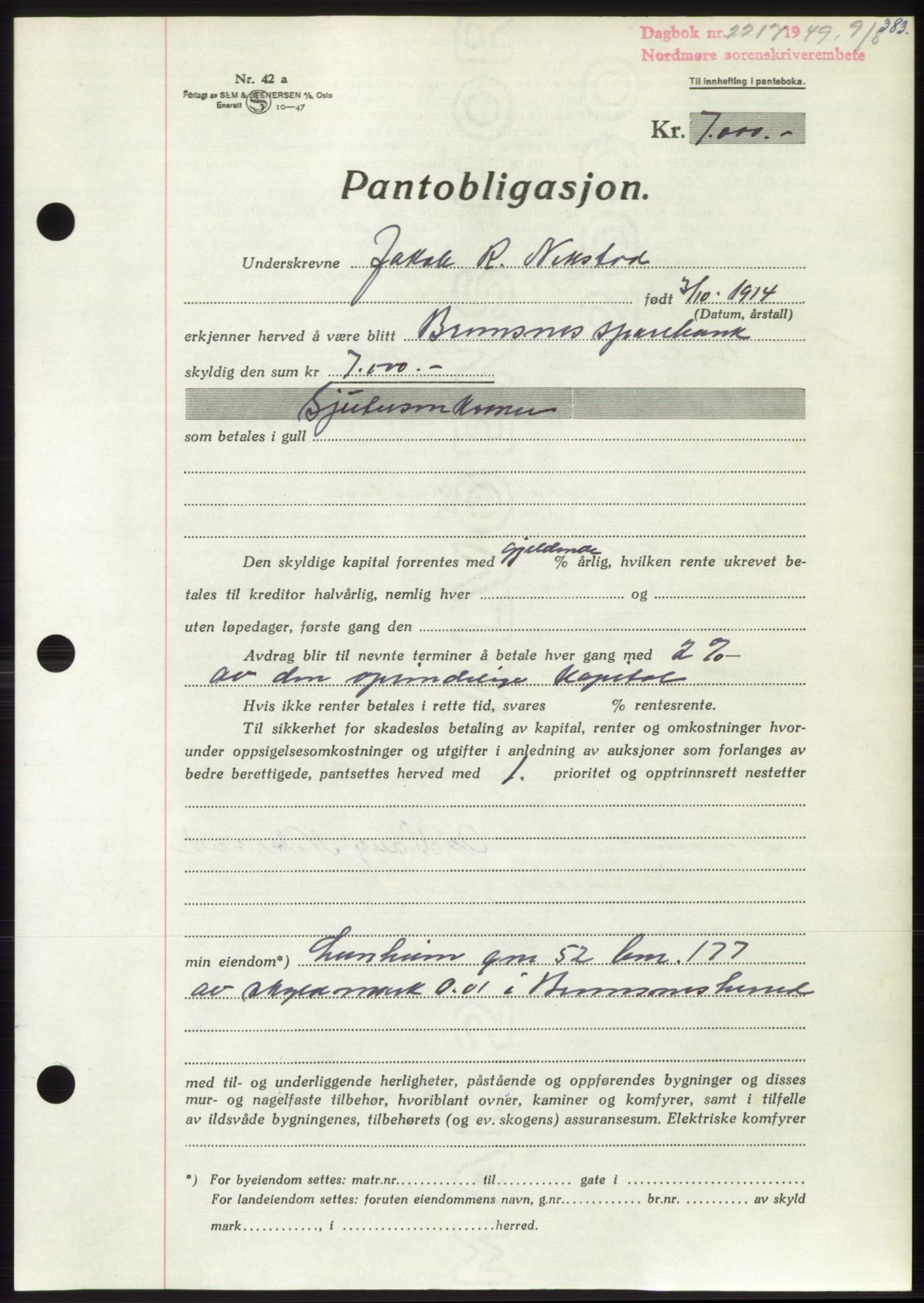 Nordmøre sorenskriveri, AV/SAT-A-4132/1/2/2Ca: Mortgage book no. B102, 1949-1949, Diary no: : 2217/1949