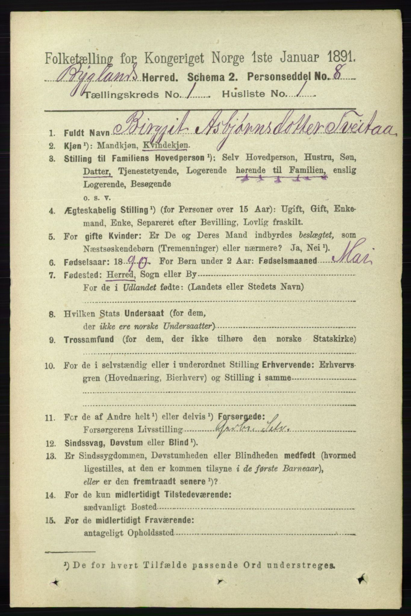 RA, 1891 census for 0938 Bygland, 1891, p. 60