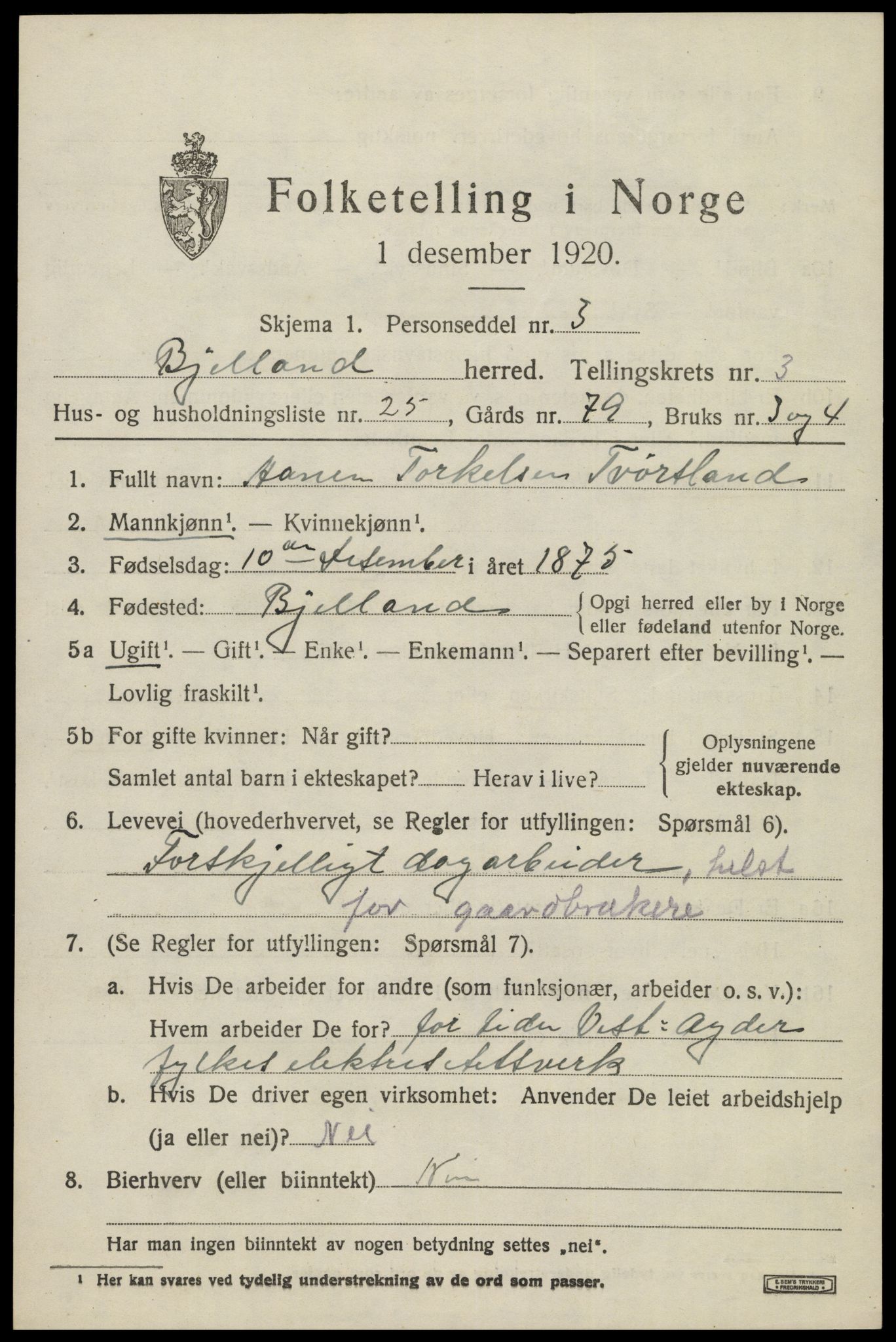 SAK, 1920 census for Bjelland, 1920, p. 1197