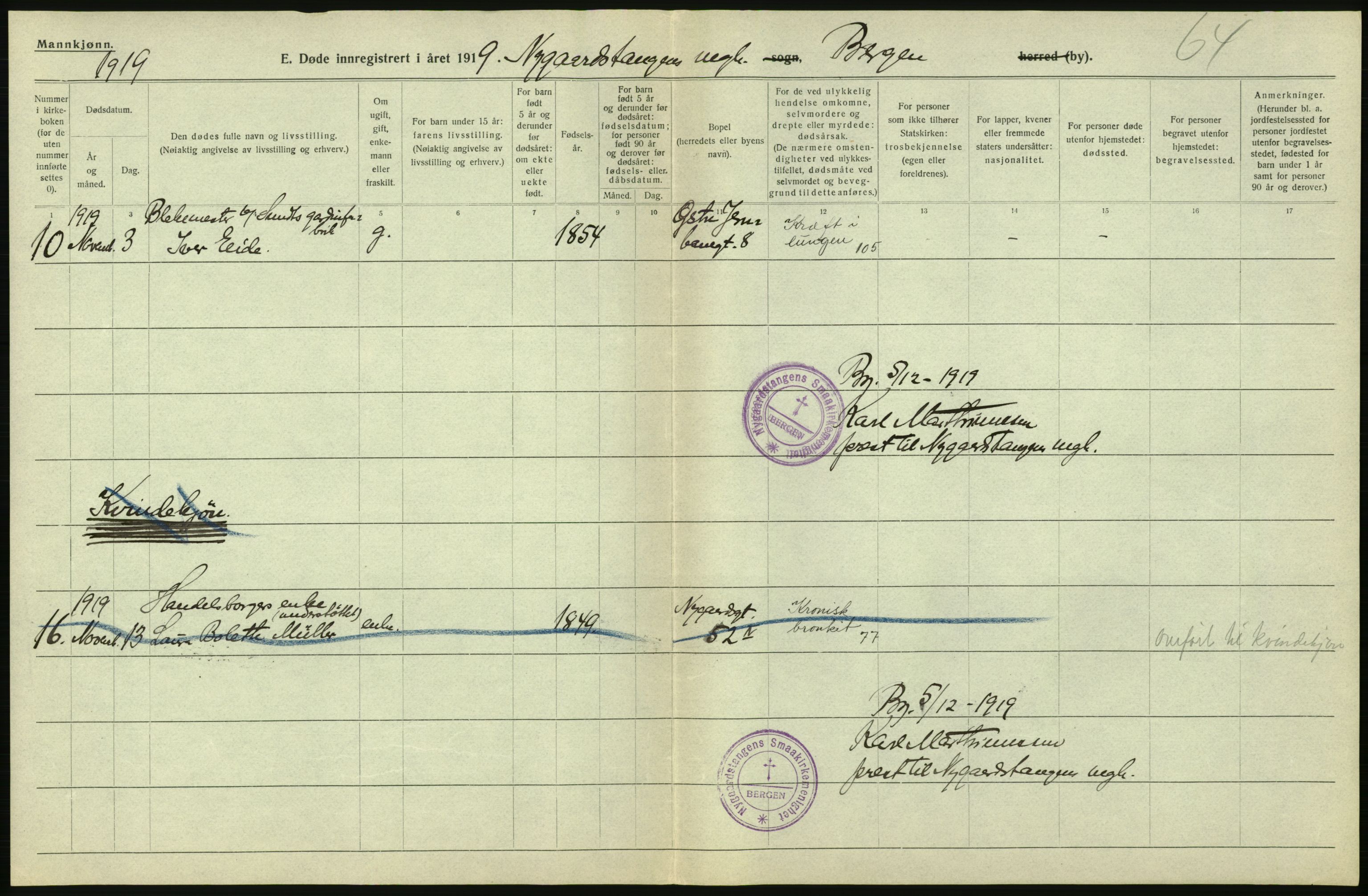 Statistisk sentralbyrå, Sosiodemografiske emner, Befolkning, AV/RA-S-2228/D/Df/Dfb/Dfbi/L0035: Bergen: Gifte, døde, dødfødte., 1919, p. 310