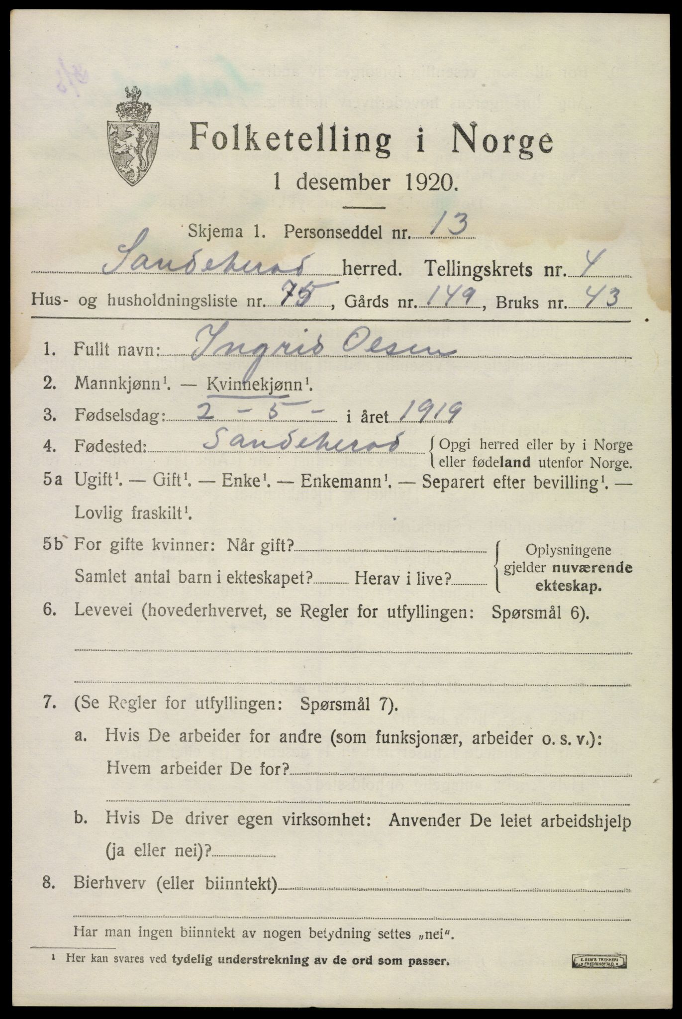 SAKO, 1920 census for Sandeherred, 1920, p. 7466