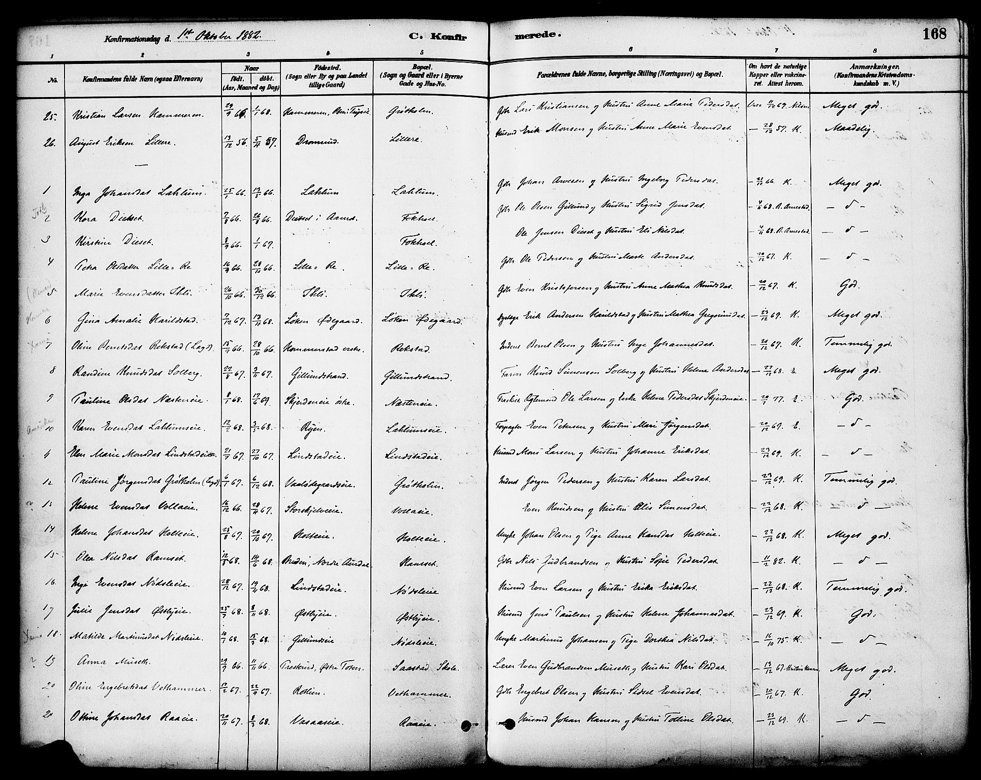 Stange prestekontor, AV/SAH-PREST-002/K/L0017: Parish register (official) no. 17, 1880-1893, p. 168