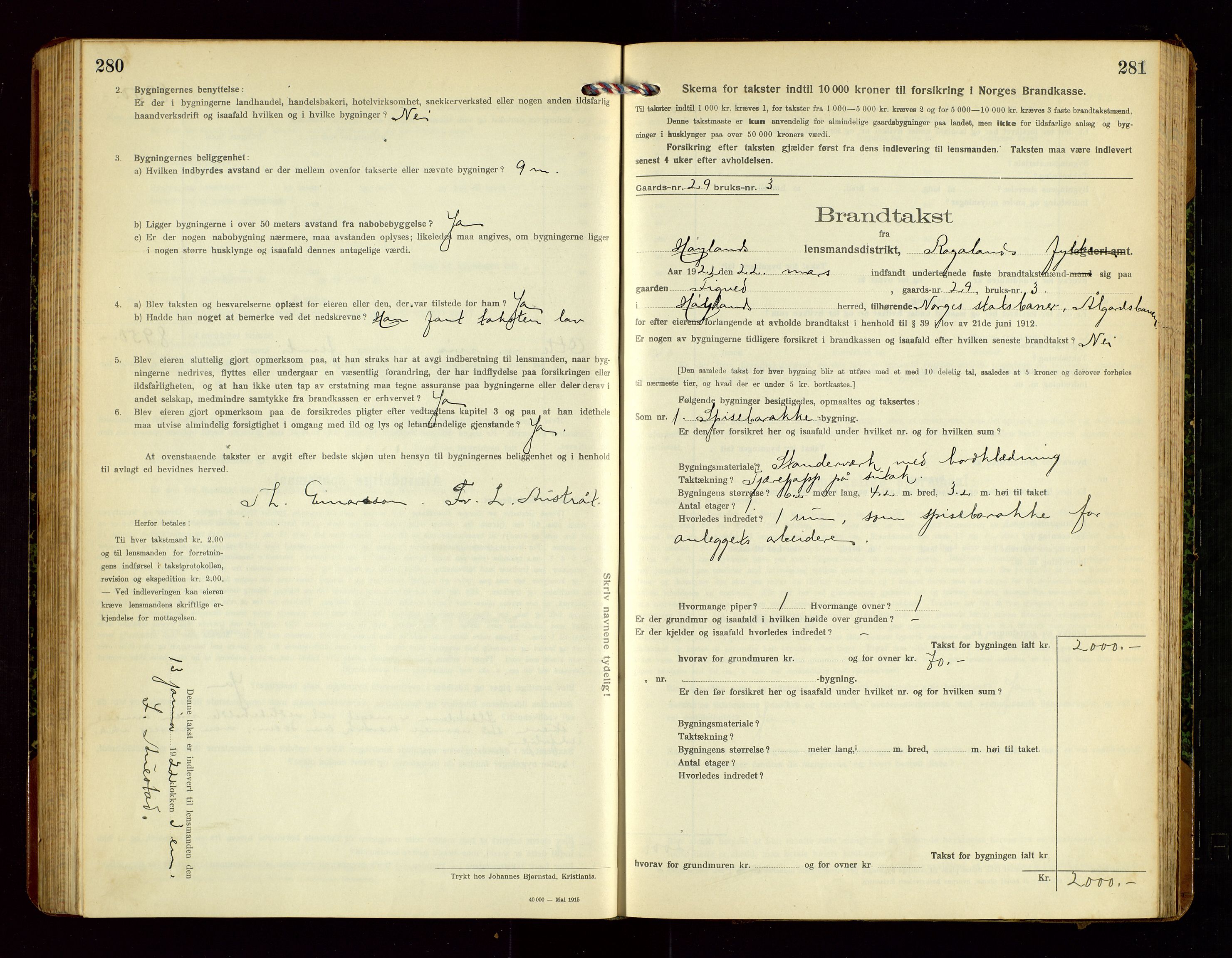 Høyland/Sandnes lensmannskontor, AV/SAST-A-100166/Gob/L0003: "Brandtakstprotokol", 1918-1924, p. 280-281