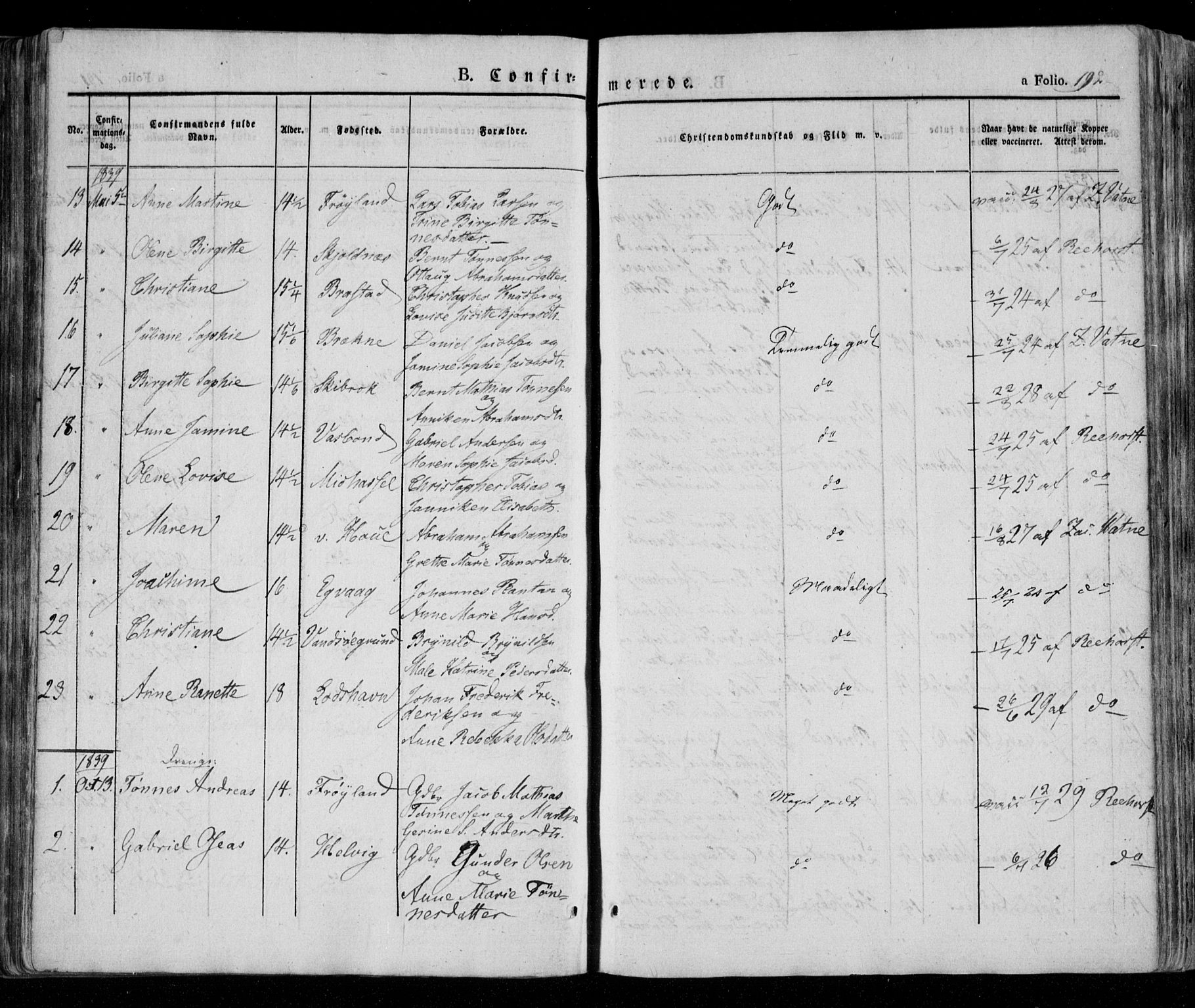 Lista sokneprestkontor, AV/SAK-1111-0027/F/Fa/L0009: Parish register (official) no. A 9, 1835-1846, p. 192