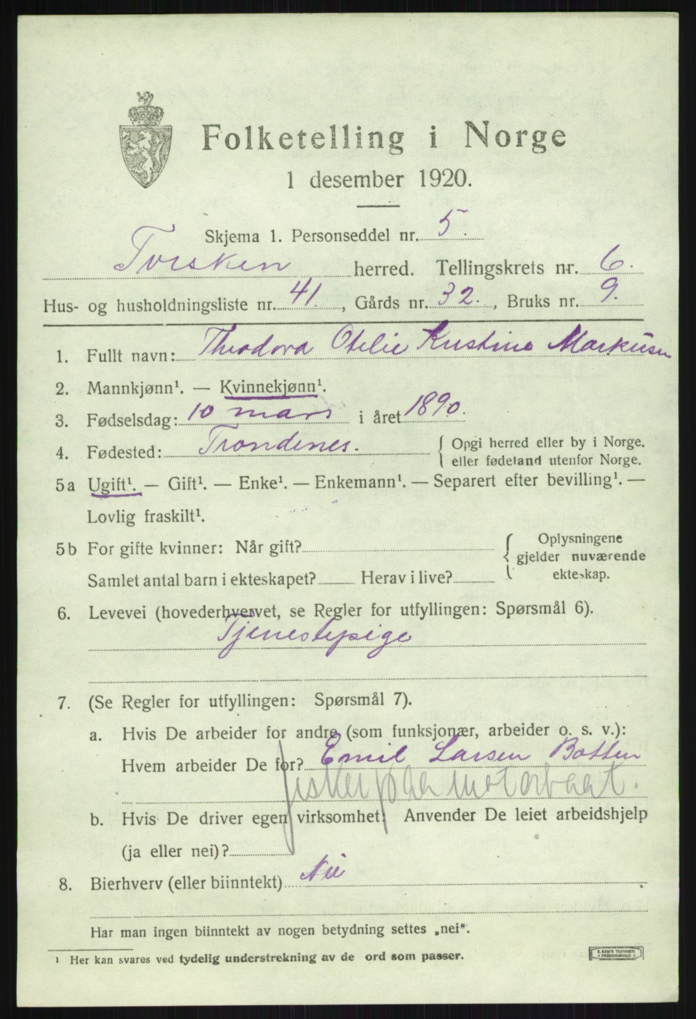 SATØ, 1920 census for Torsken, 1920, p. 2927