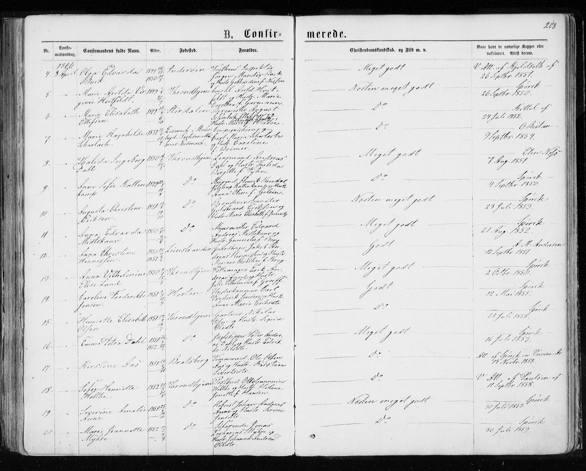 Ministerialprotokoller, klokkerbøker og fødselsregistre - Sør-Trøndelag, SAT/A-1456/601/L0054: Parish register (official) no. 601A22, 1866-1877, p. 208