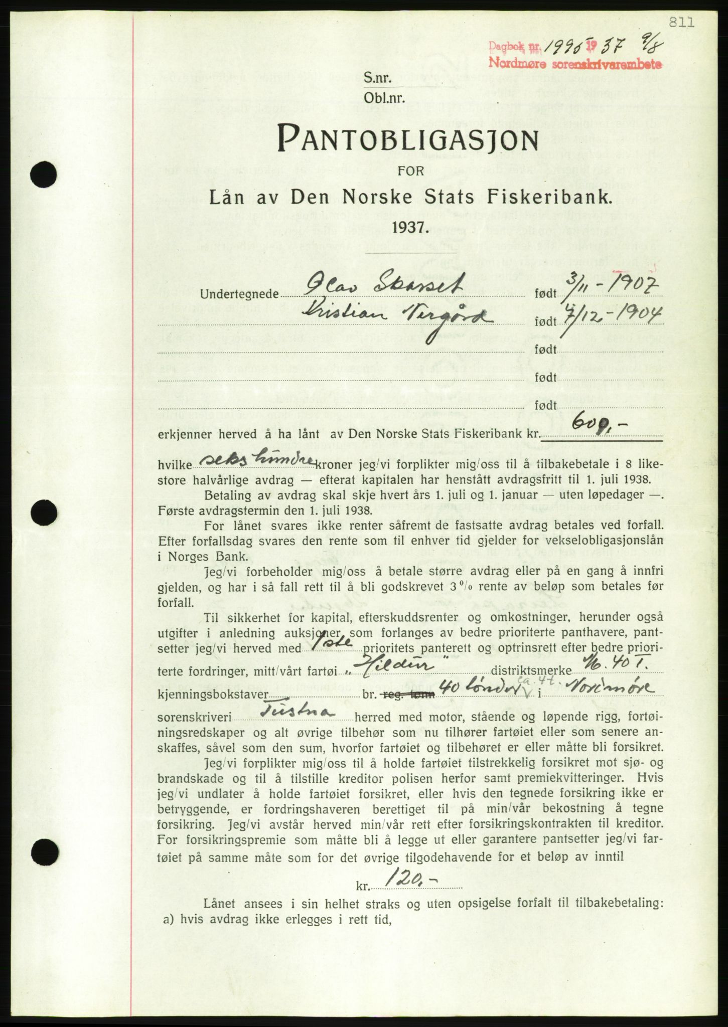 Nordmøre sorenskriveri, AV/SAT-A-4132/1/2/2Ca/L0091: Mortgage book no. B81, 1937-1937, Diary no: : 1995/1937