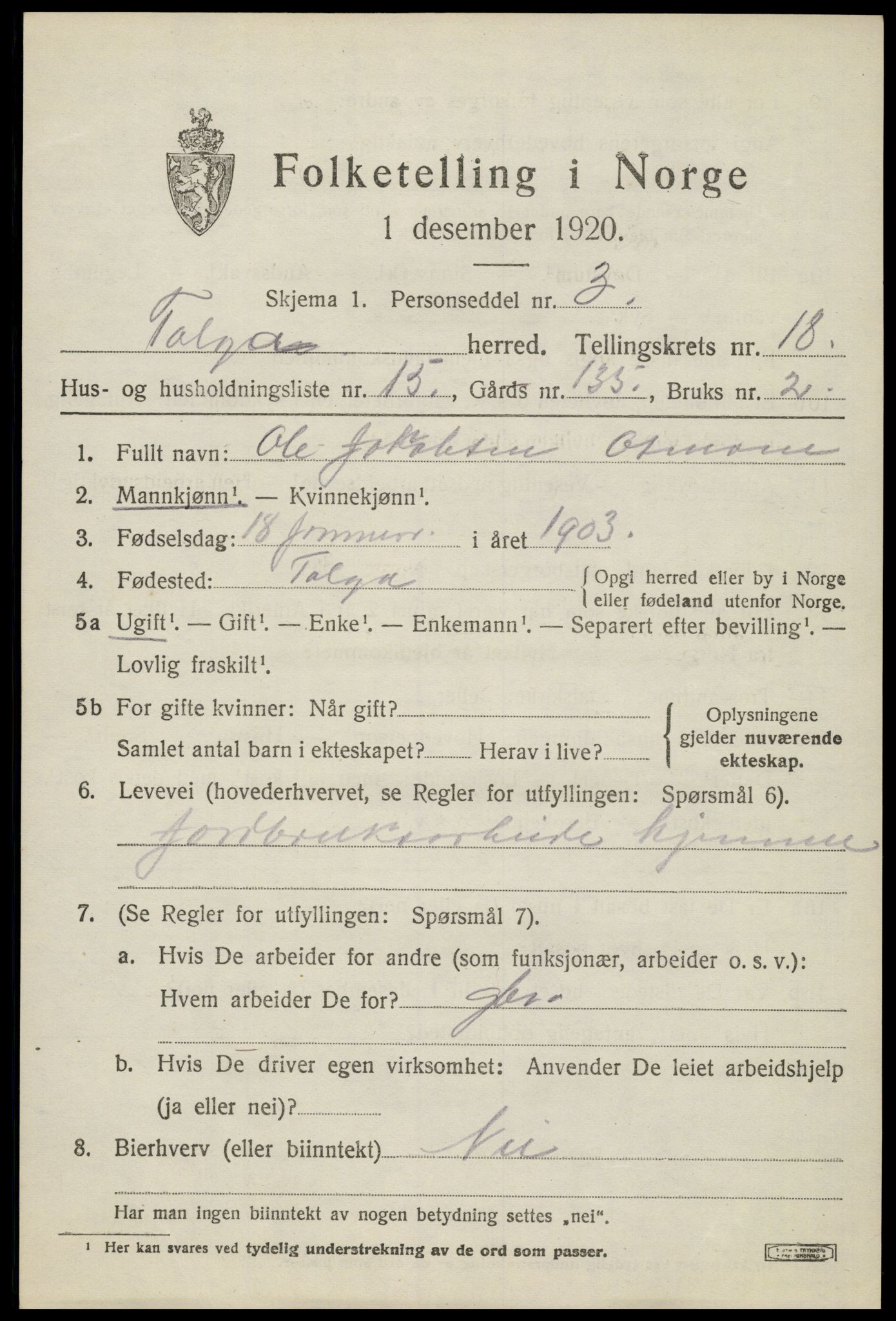 SAH, 1920 census for Tolga, 1920, p. 8415