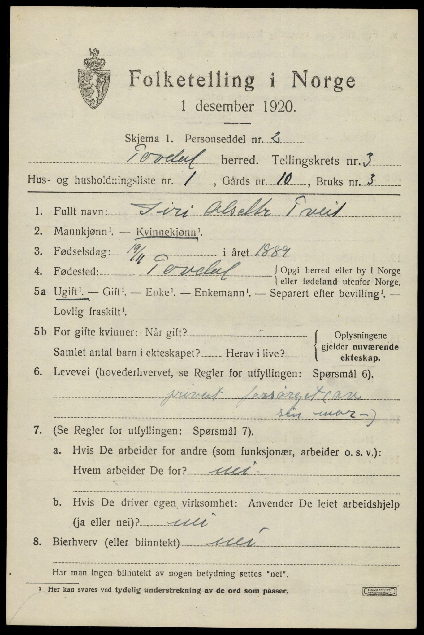 SAK, 1920 census for Tovdal, 1920, p. 571