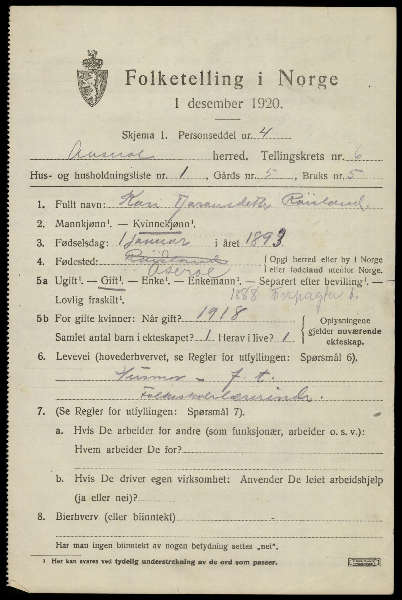 SAK, 1920 census for Åseral, 1920, p. 1802