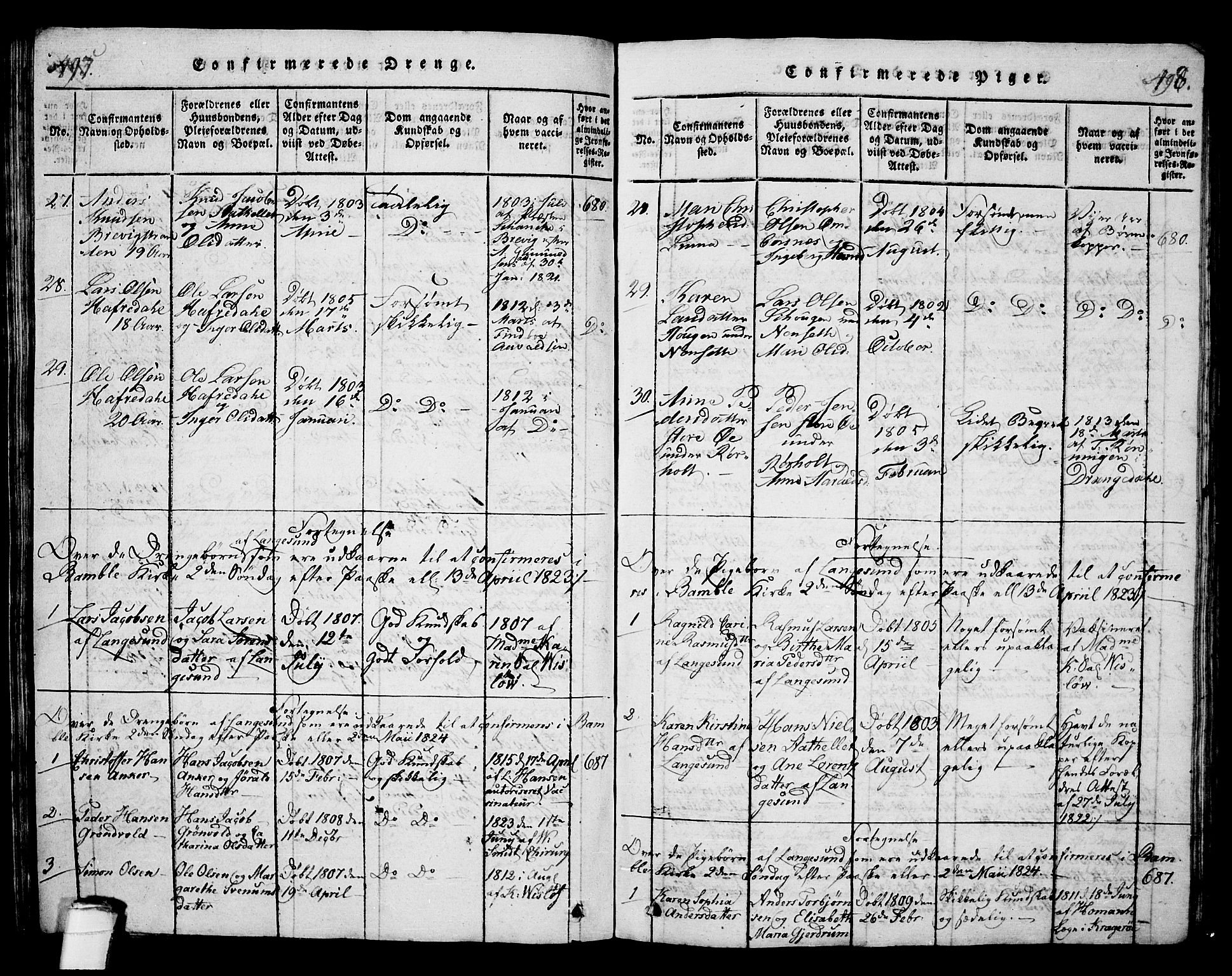 Langesund kirkebøker, AV/SAKO-A-280/G/Ga/L0003: Parish register (copy) no. 3, 1815-1858, p. 497-498