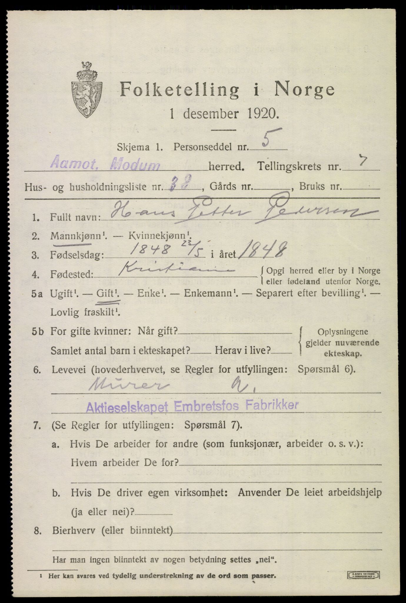 SAKO, 1920 census for Modum, 1920, p. 10171