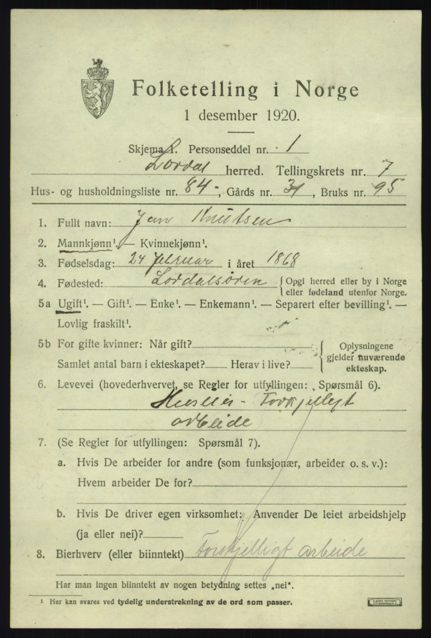 SAB, 1920 census for Lærdal, 1920, p. 3940